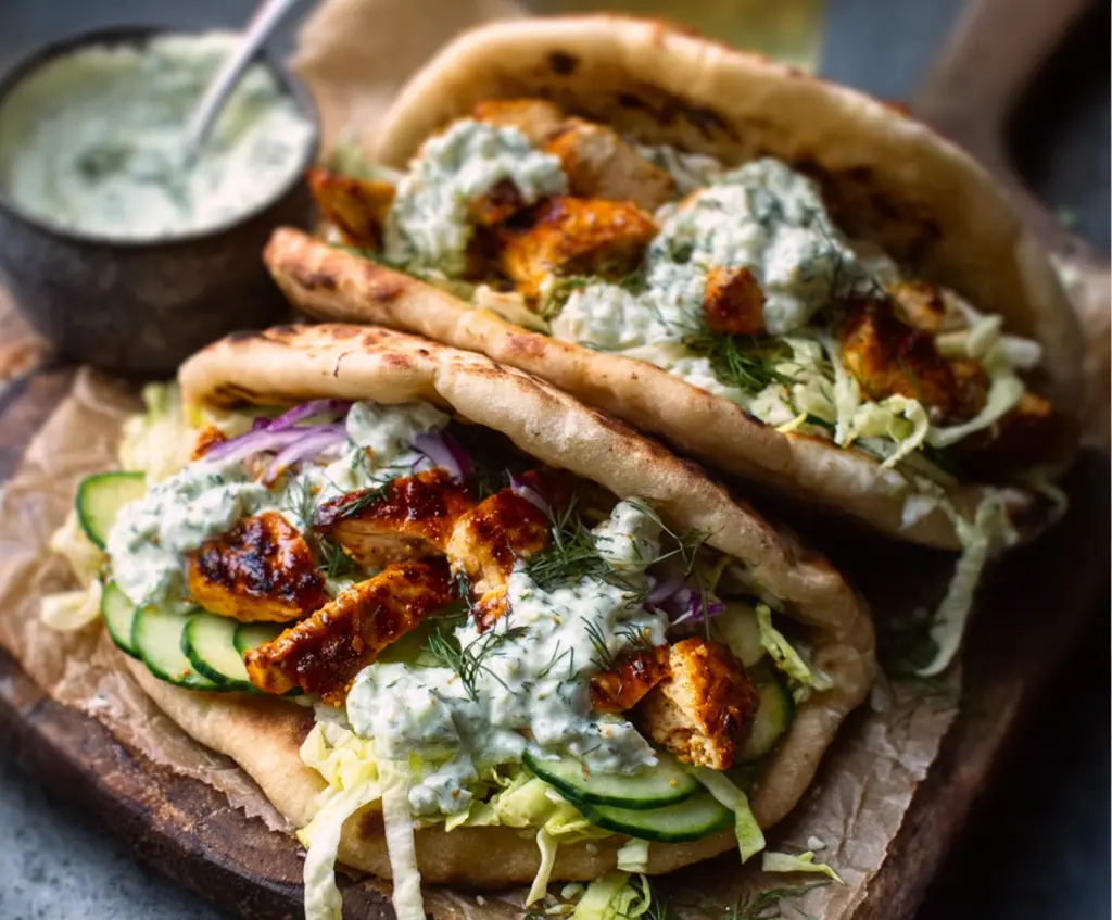 Delicious sheet pan chicken pitas topped with fresh herbs and creamy ranch dressing, perfect for a quick lunch or dinner.