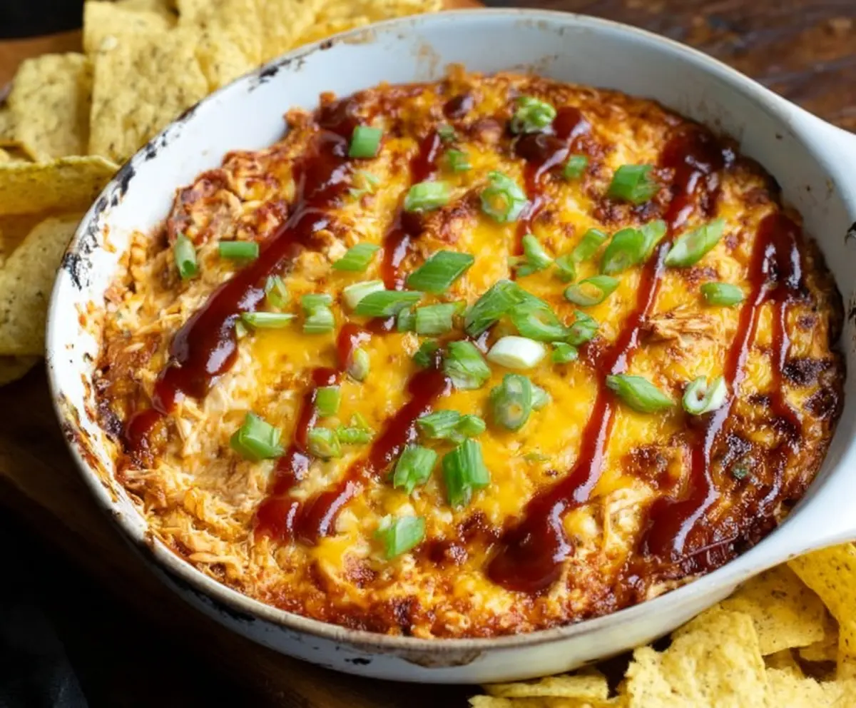 Delicious smoky BBQ chicken dip served with chips, perfect for parties and gatherings.