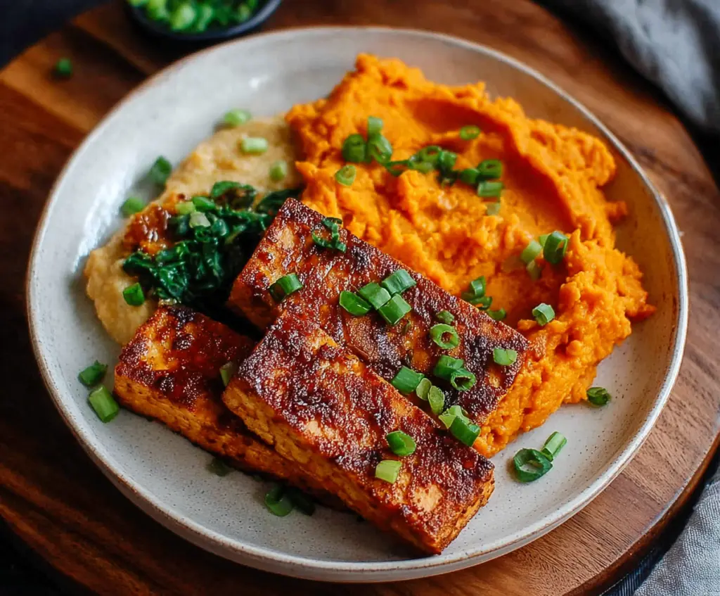 Delicious smoky tofu steak served with creamy mashed sweet potatoes on a rustic plate.