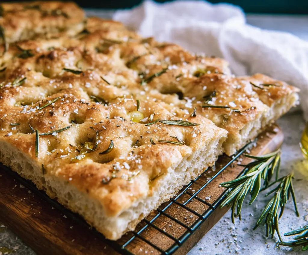 Golden sourdough discard focaccia topped with fresh rosemary and drizzled with olive oil, perfect for a savory snack or appetizer.