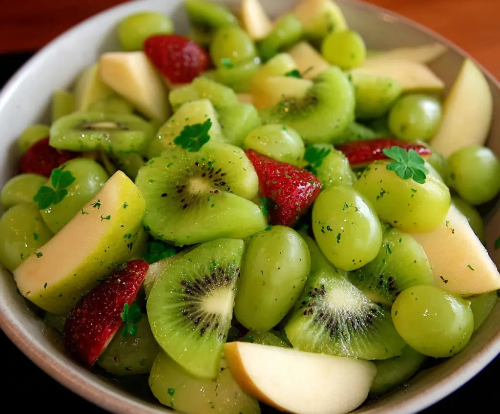 Colorful St. Patrick’s Day green fruit salad with fresh fruits on a festive table