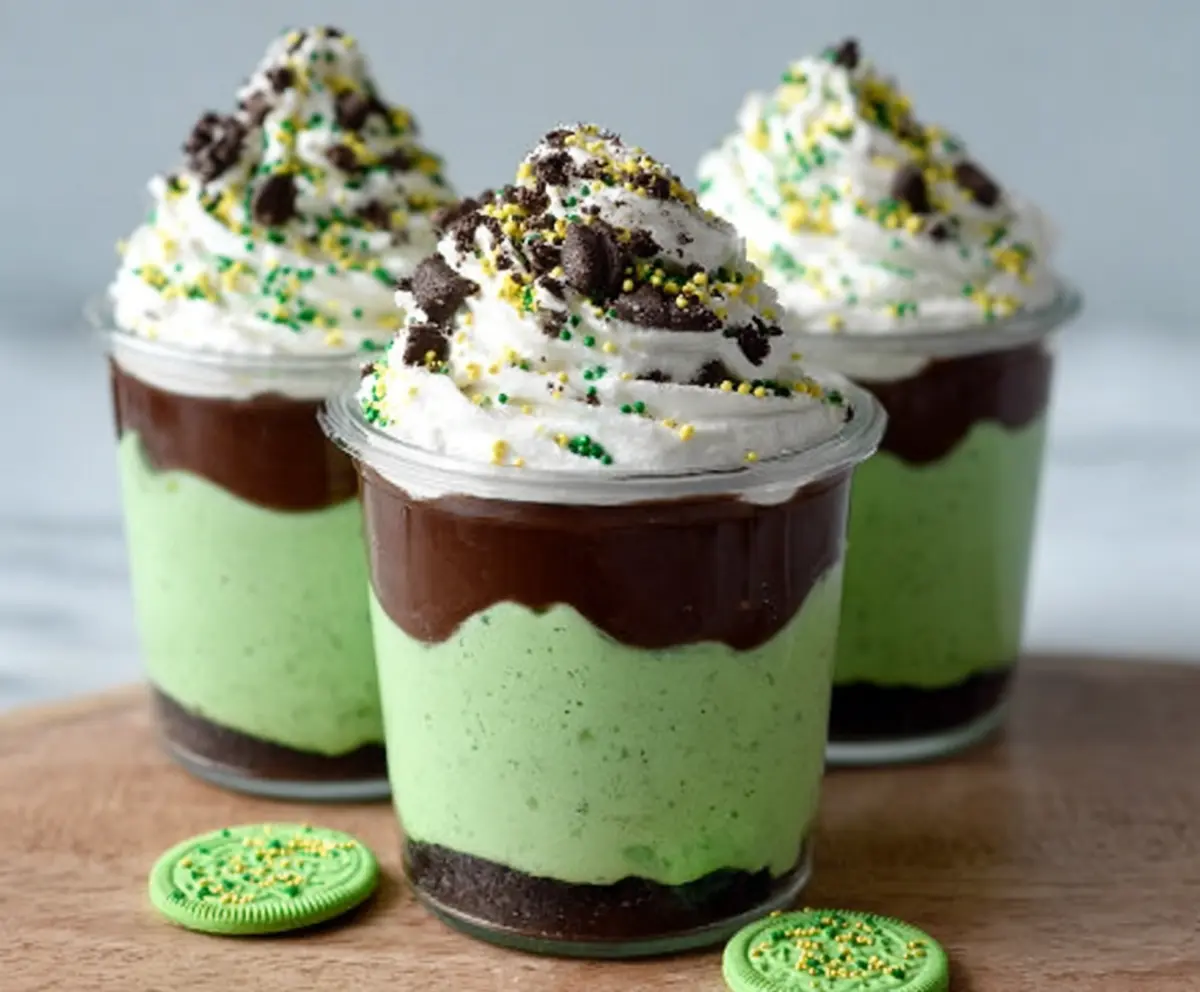 Delicious green shake pudding cups for St. Patrick's Day celebration, garnished with festive toppings.