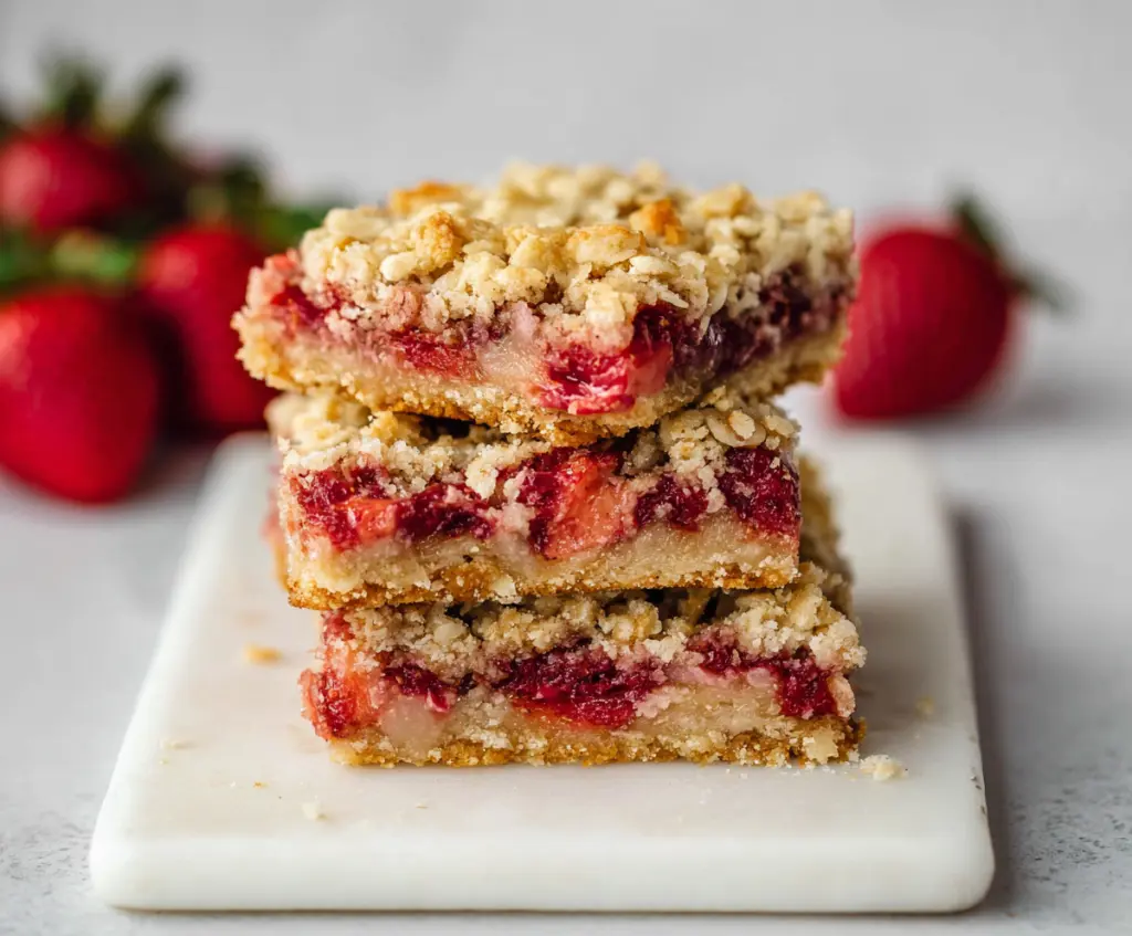 Delicious Strawberry Oatmeal Crumble Bars with fresh strawberries and a golden oat topping