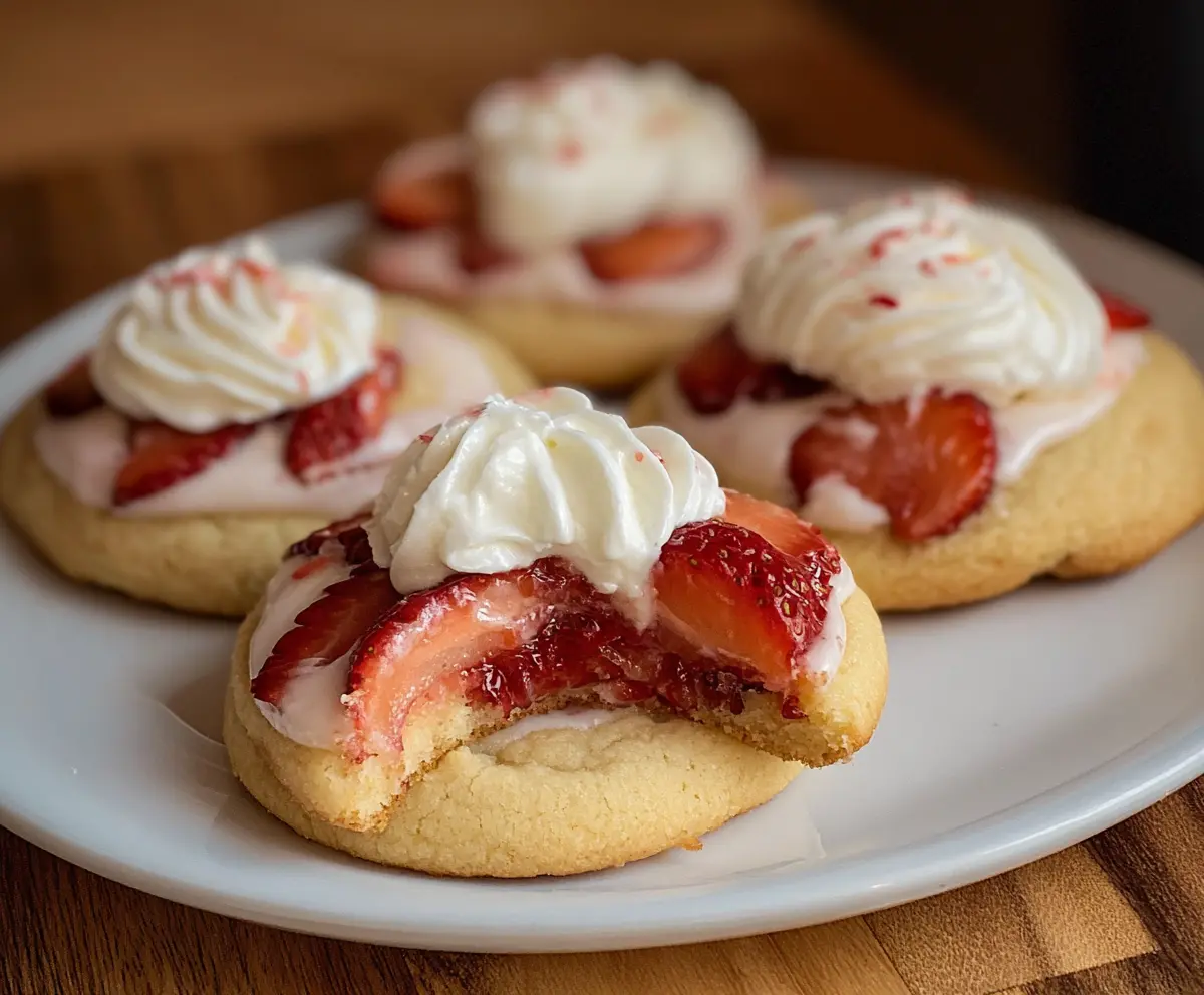Delicious Strawberry Shortcake Cookies with fresh strawberries and fluffy whipped cream on a white plate.
