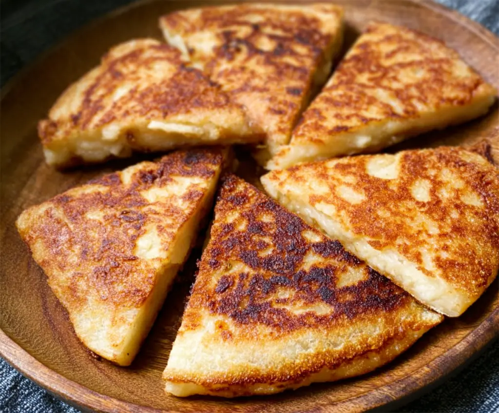 Close-up of traditional Irish potato farls, golden and crispy on a wooden plate.