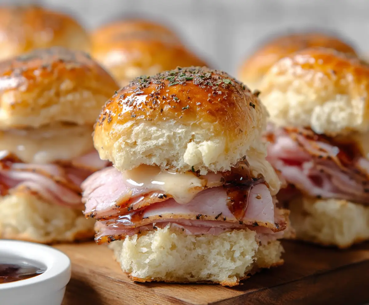 Delicious Brown Sugar Glazed Ham Biscuit Sliders served on a platter for a savory appetizer.