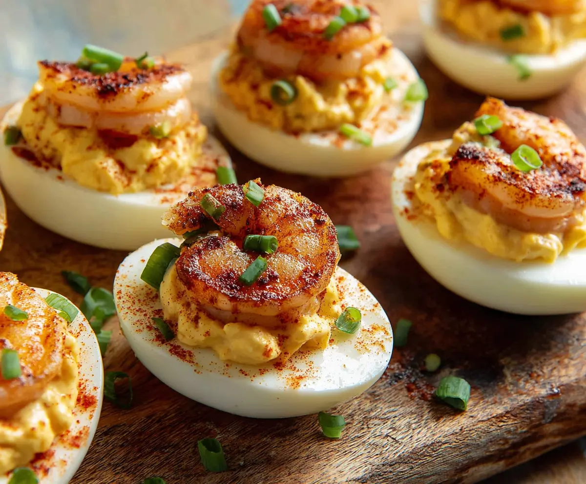 Delicious Cajun Shrimp Deviled Eggs garnished with fresh herbs on a white plate.