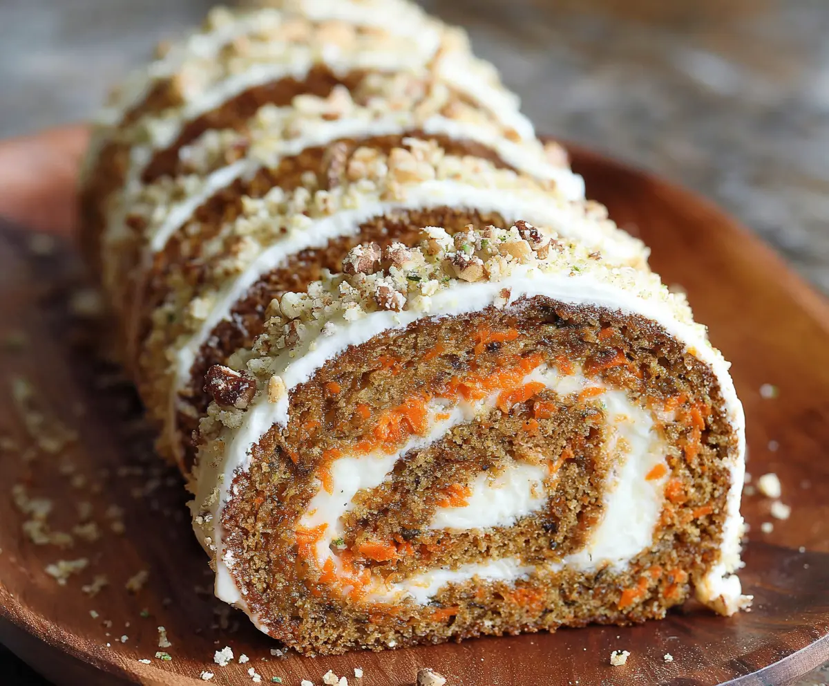 Delicious homemade carrot cake roll with cream cheese frosting, perfect for dessert or special occasions.