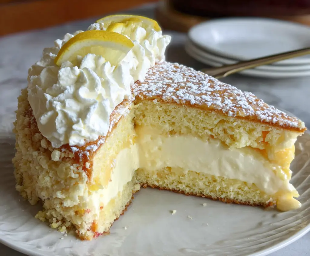 Delicious Cheesecake Factory Italian Lemon Cream Cake with a creamy lemon filling and fluffy frosting.