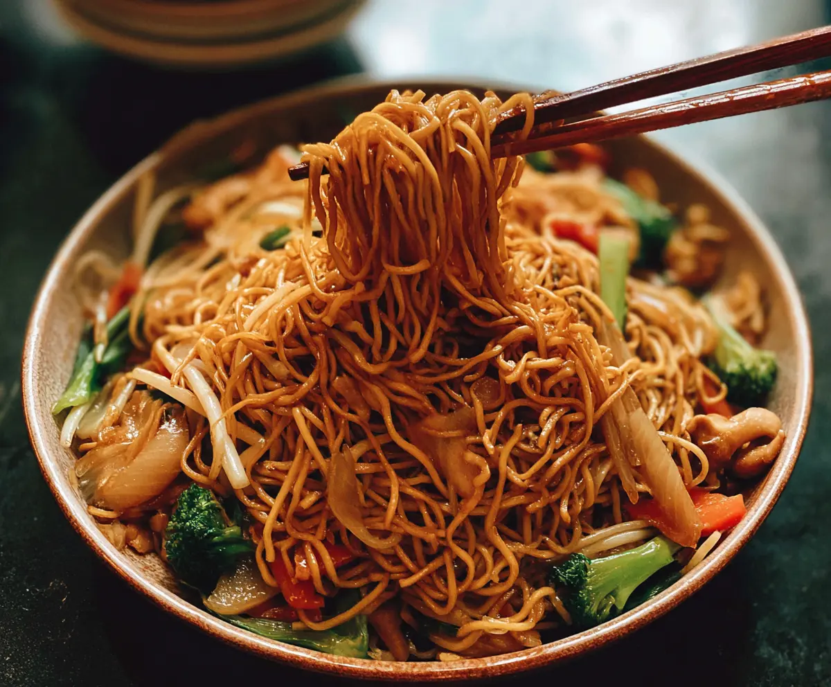Delicious homemade chow mein with crispy noodles, fresh vegetables, and tender chicken served on a white plate.