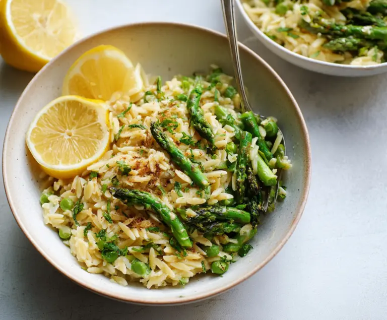 Creamy Lemon Garlic Orzo with Asparagus