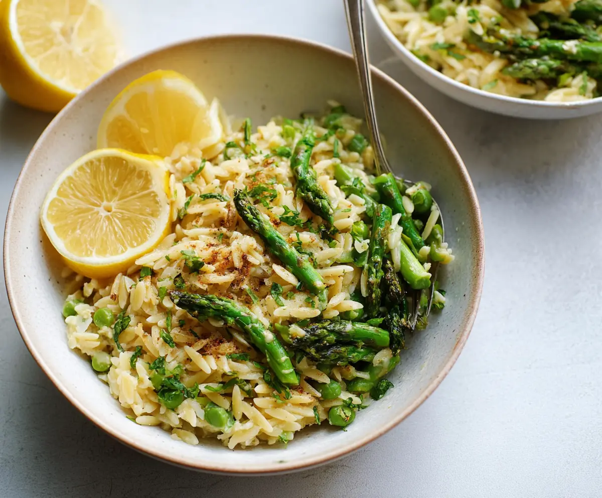 Creamy Lemon Garlic Orzo with Fresh Asparagus on a Plate