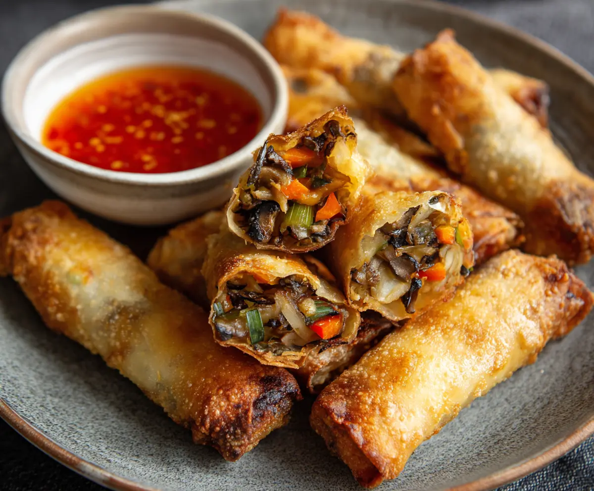 Golden crispy baked vegetable spring rolls on a plate with fresh herbs and dipping sauce
