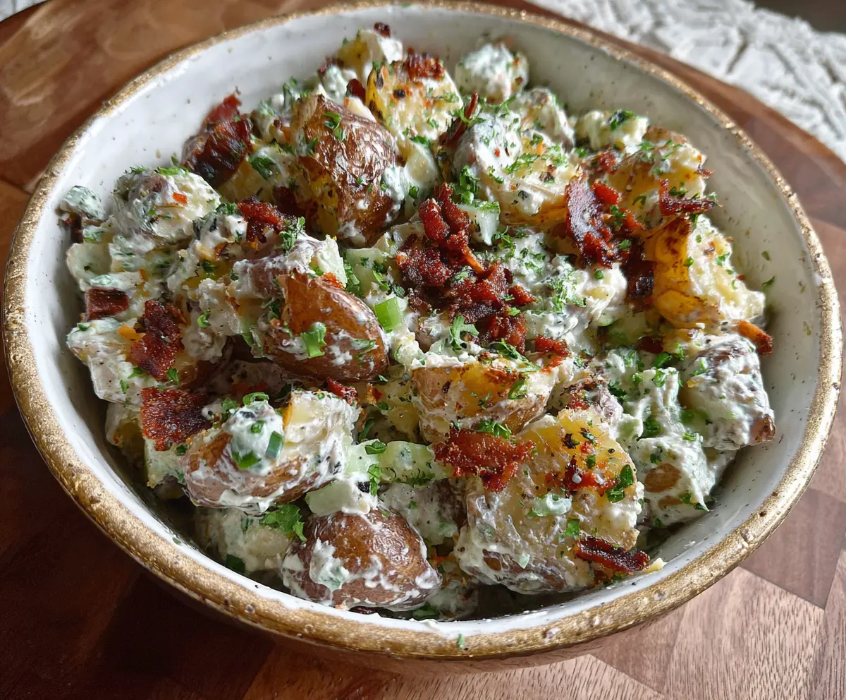 Golden crispy smashed potato salad garnished with fresh herbs for a delicious side dish.