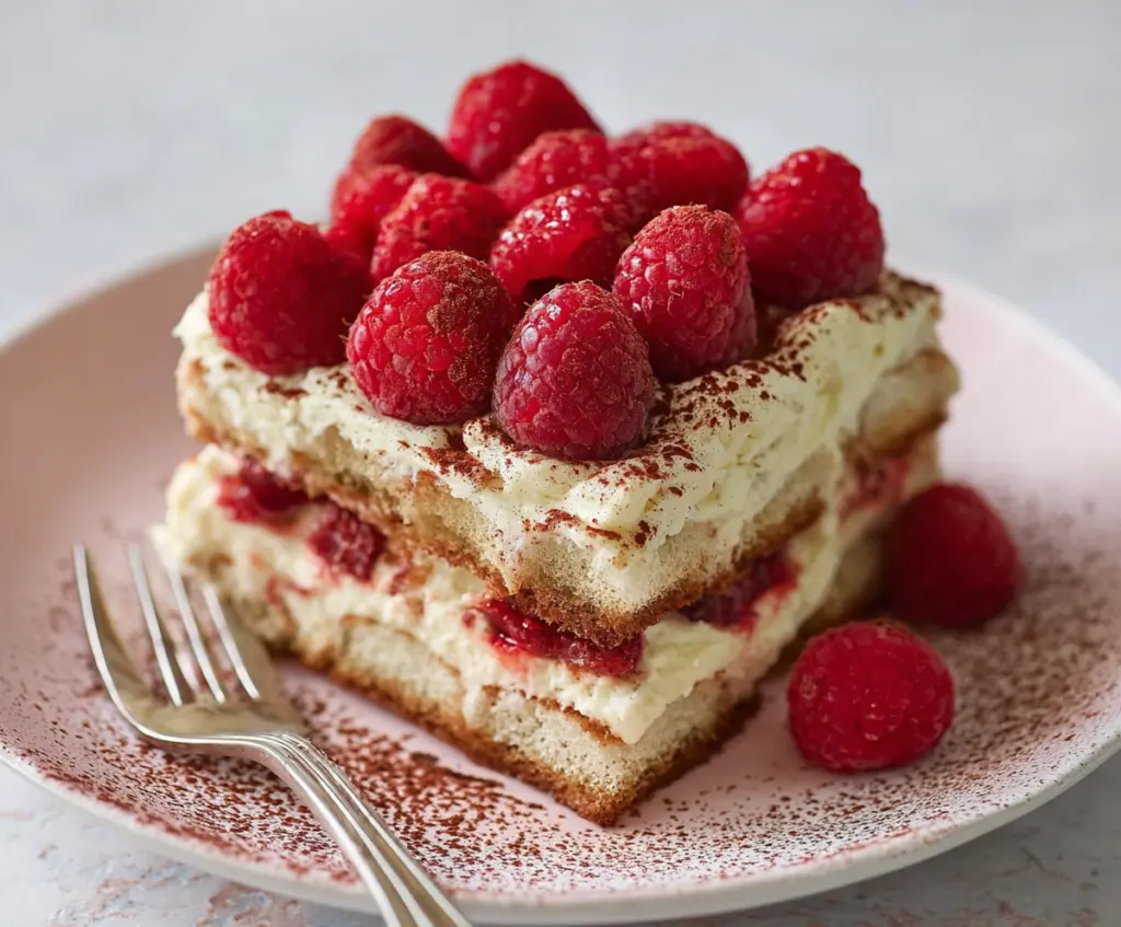 Delicious Fresh Raspberry Tiramisu dessert with layers of creamy mascarpone and fresh raspberries