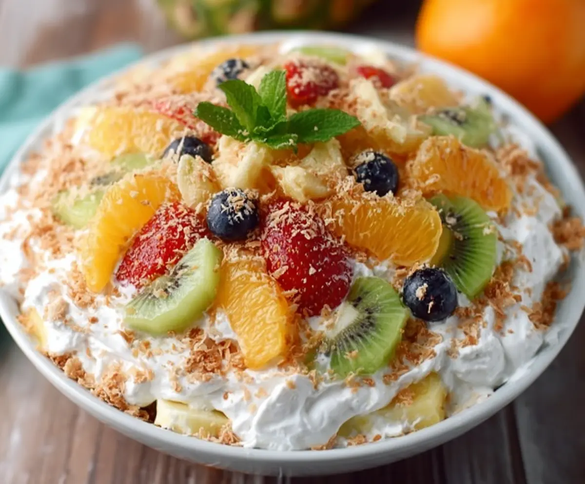Fresh Hawaiian Cheesecake Salad with tropical fruits and creamy cheesecake topping