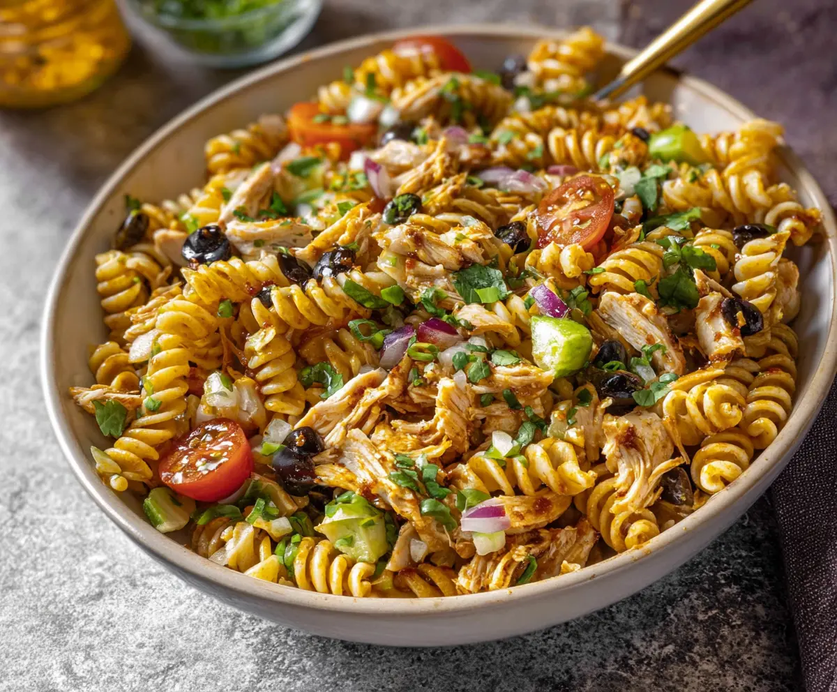 High Protein BBQ Chicken Pasta Salad