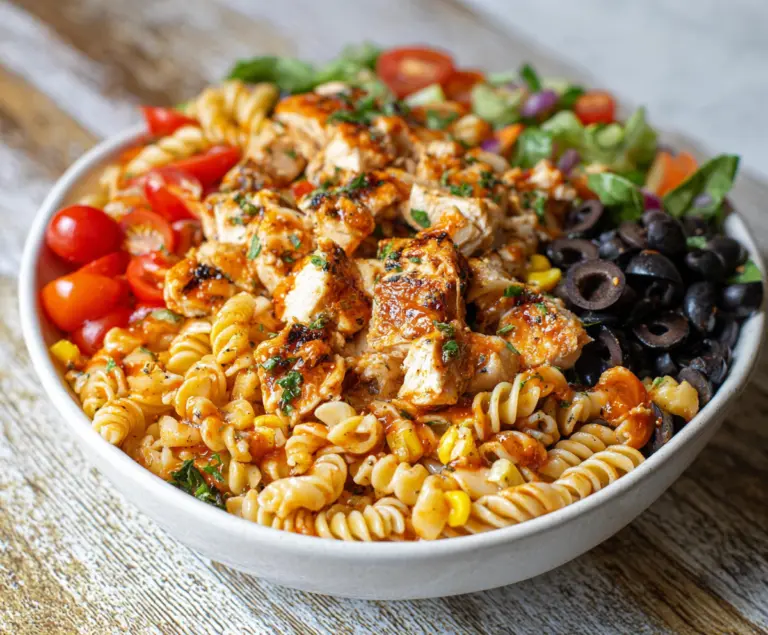 High Protein BBQ Chicken Pasta Salad