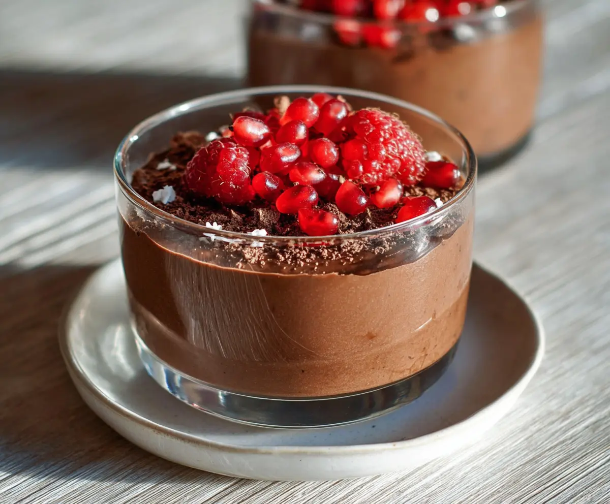Creamy high protein chocolate pudding in a glass bowl with rich, smooth texture perfect for a healthy dessert.