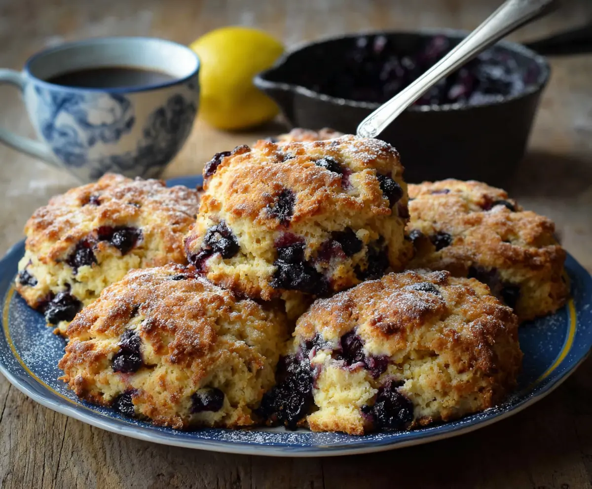Golden Lemon Blueberry Sourdough Discard Biscuits on a rustic plate, topped with fresh blueberries and lemon zest.