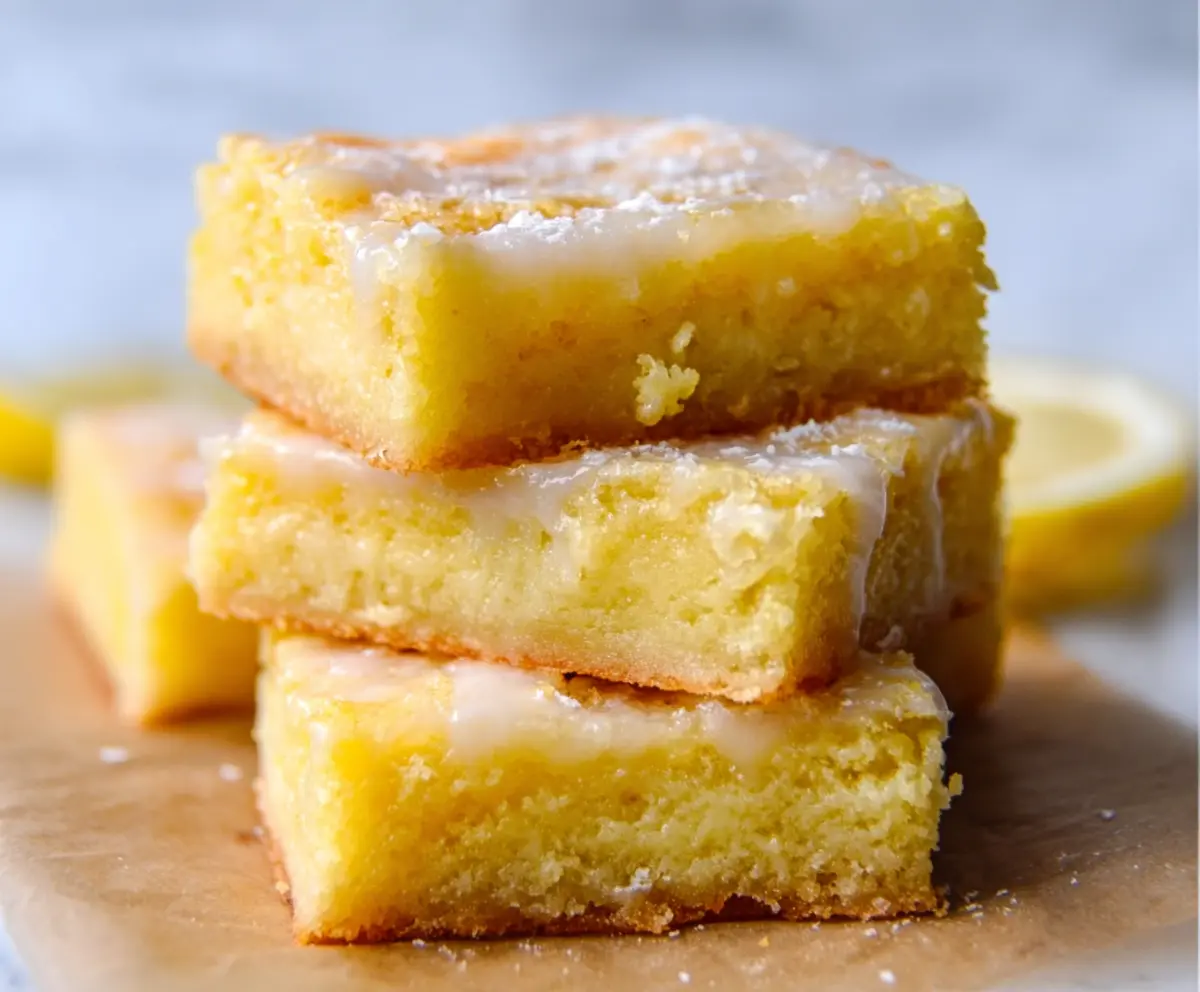 Delicious lemon brownies with a zesty lemon glaze and a flaky crust, perfect for a lemon lovers' treat.