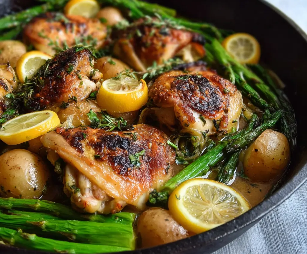 Juicy lemon herb chicken thighs served with roasted asparagus and baby potatoes on a white plate.