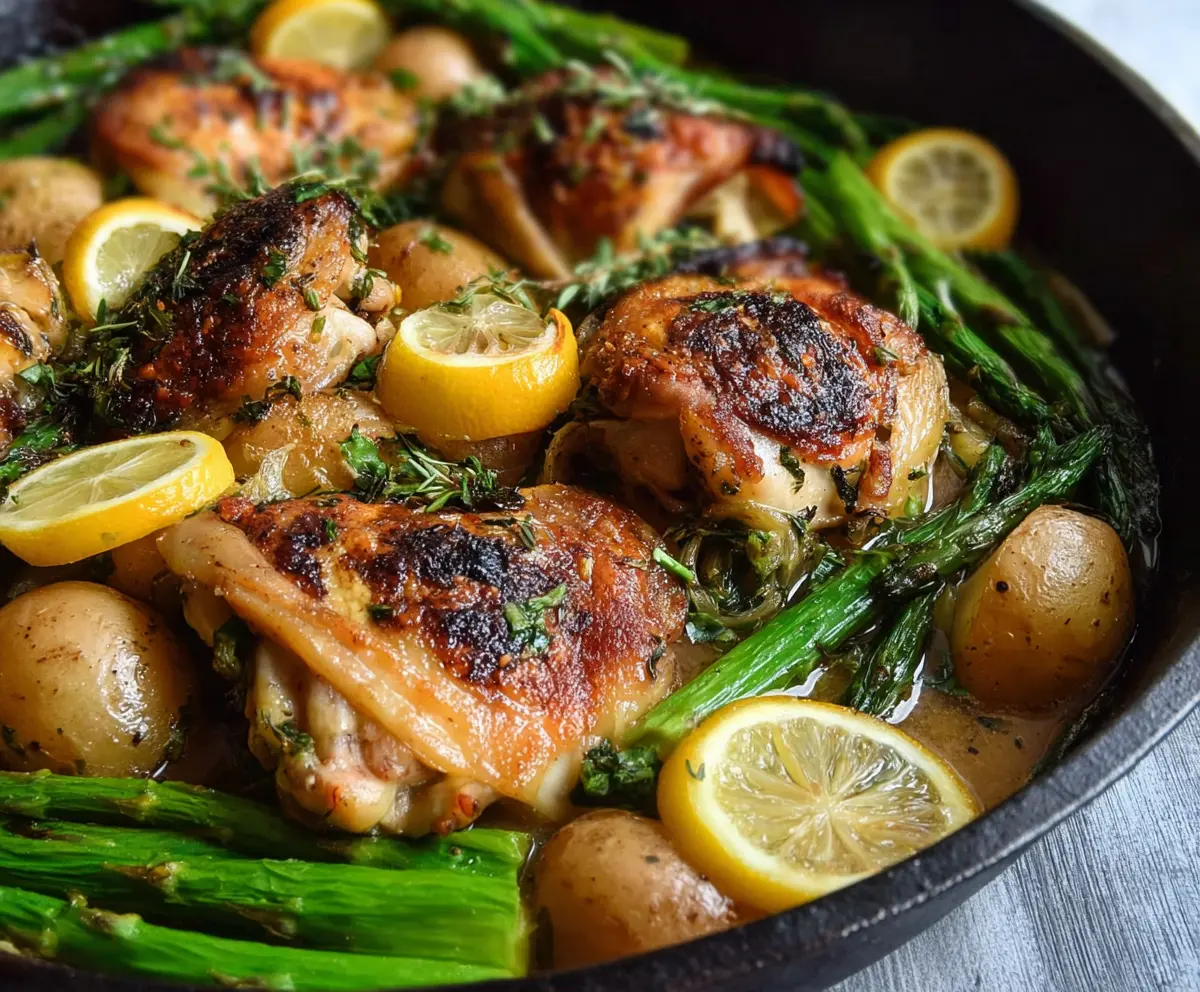 Juicy lemon herb chicken thighs served with roasted asparagus and baby potatoes on a white plate.