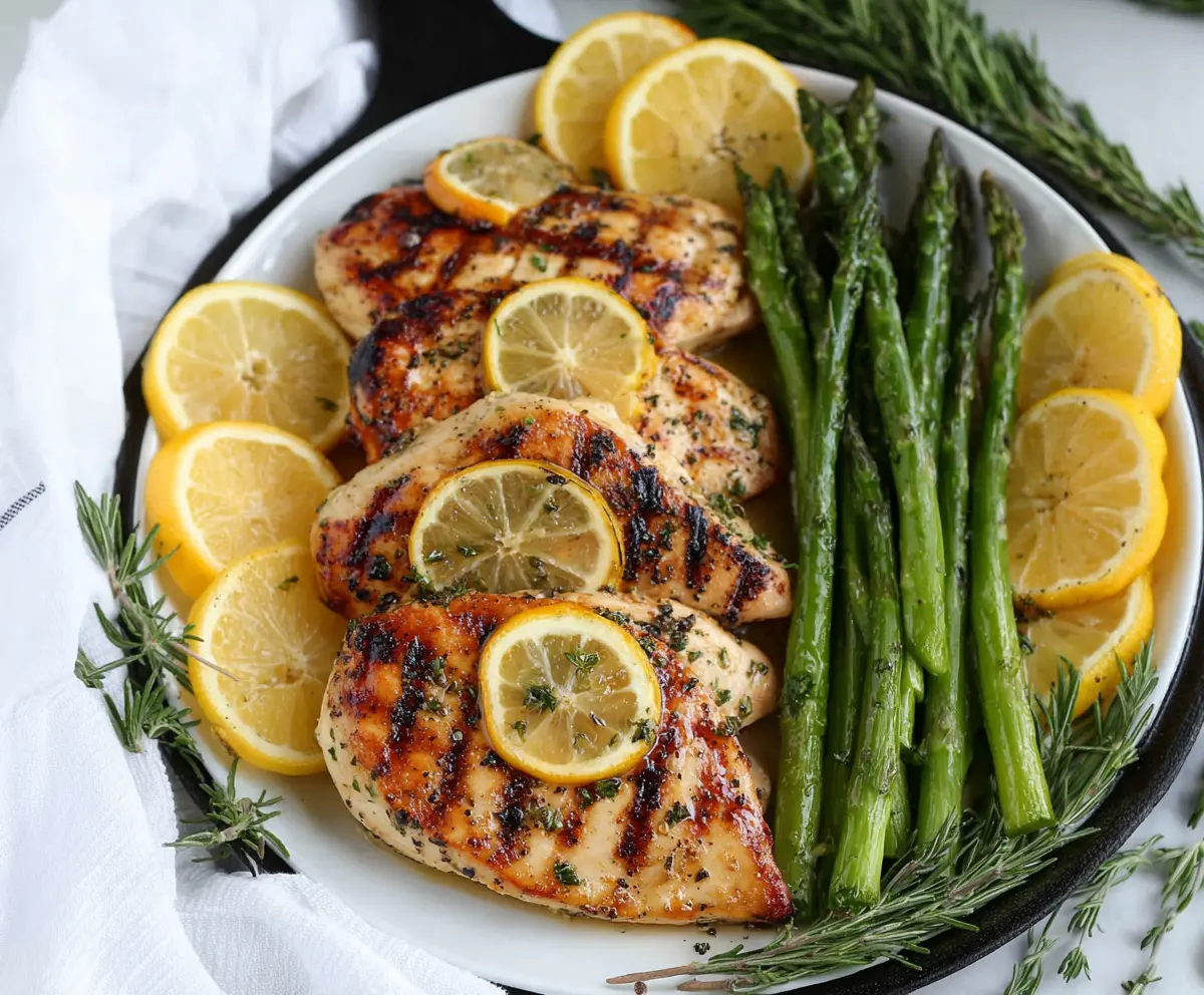 Juicy Lemon Herb Chicken served with fresh asparagus for a healthy dinner.