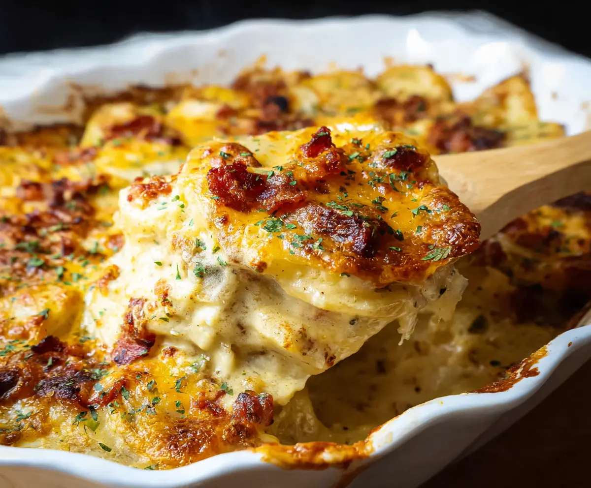 Delicious loaded scalloped potatoes topped with cheese and bacon in a serving dish.