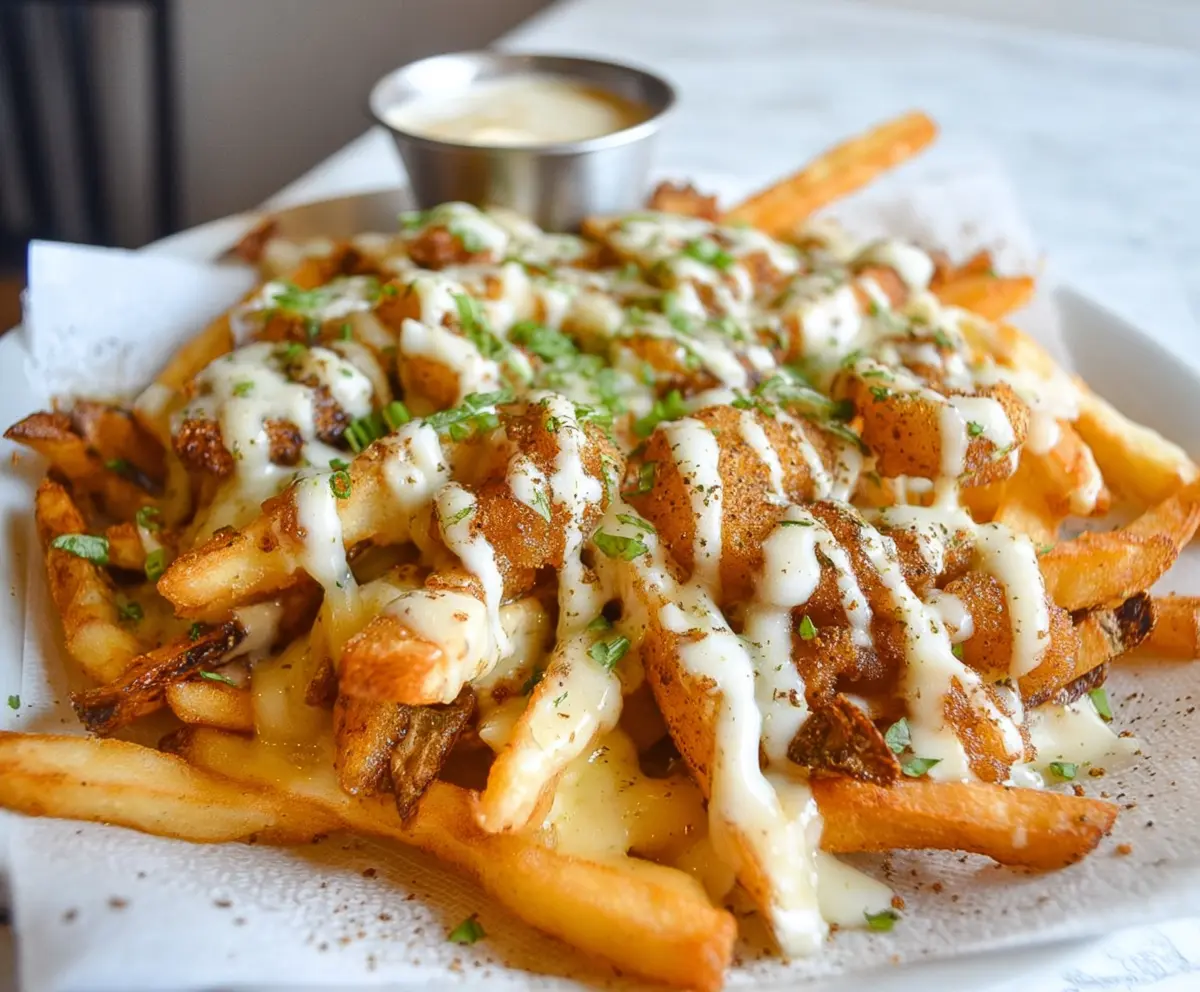 Savory Louisiana Voodoo Fries topped with spicy sauce and melted cheese, served as a flavorful snack or side dish.