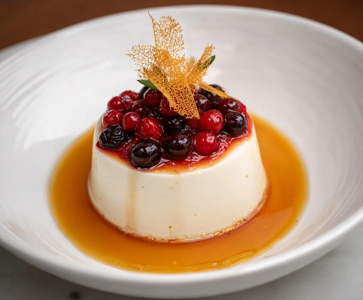 Creamy Orange Blossom Honey Panna Cotta topped with vibrant mixed berry compote, served as an elegant dessert.