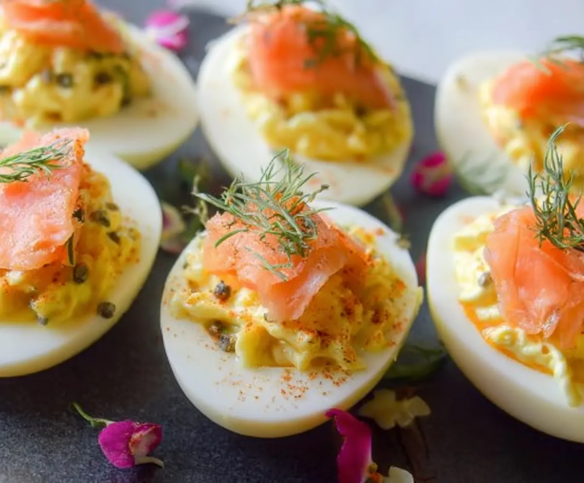 Delicious smoked salmon deviled eggs garnished with fresh herbs on a white platter.