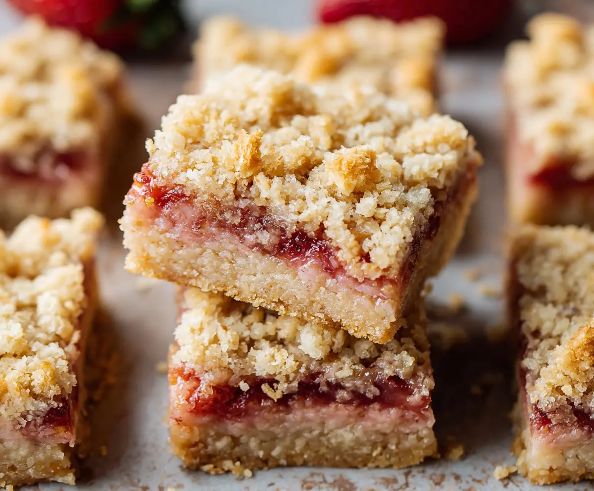 Delicious Strawberry Rhubarb Crumble Bars with a golden crust and fruity topping