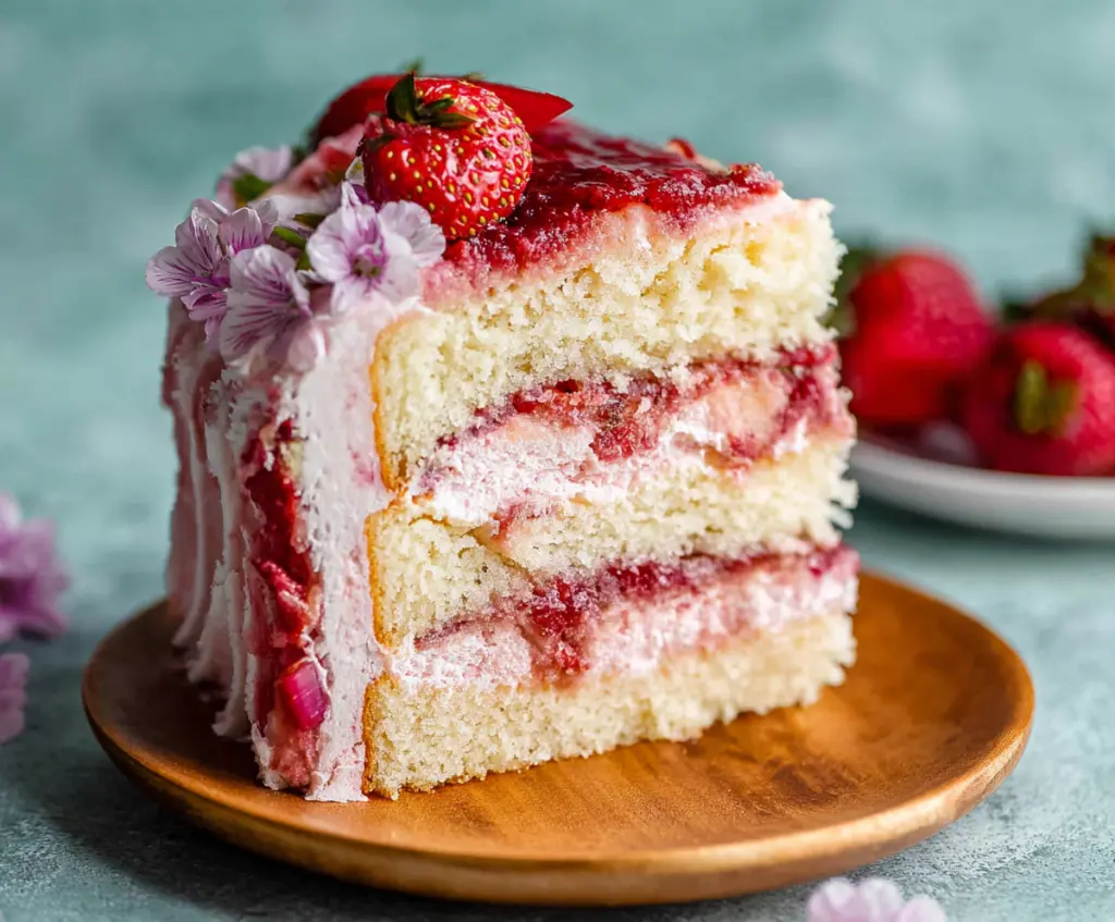 Delicious Strawberry Rhubarb Layer Cake with fresh strawberries and rhubarb on a white plate.