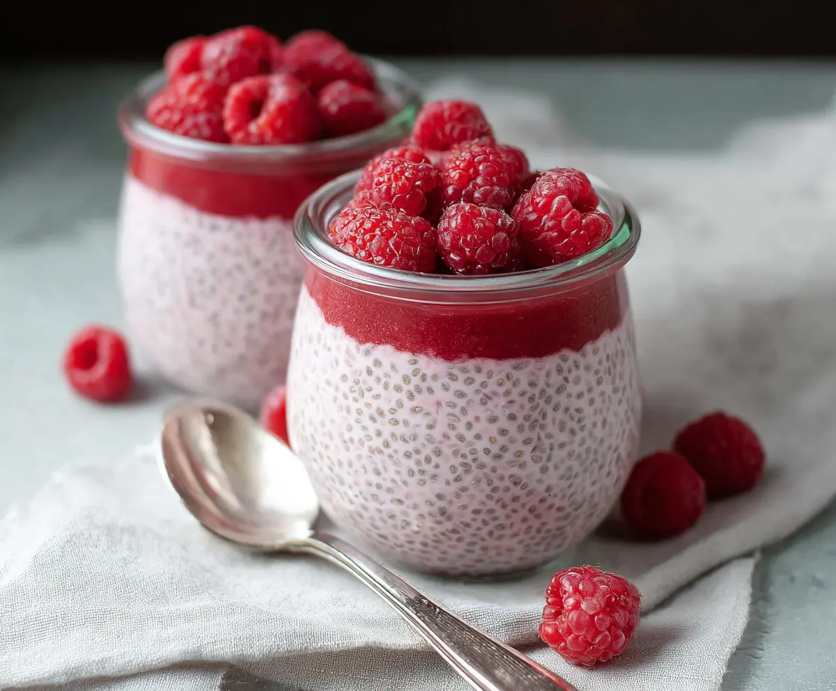 Creamy vegan raspberry chia pudding garnished with fresh raspberries and mint leaves.