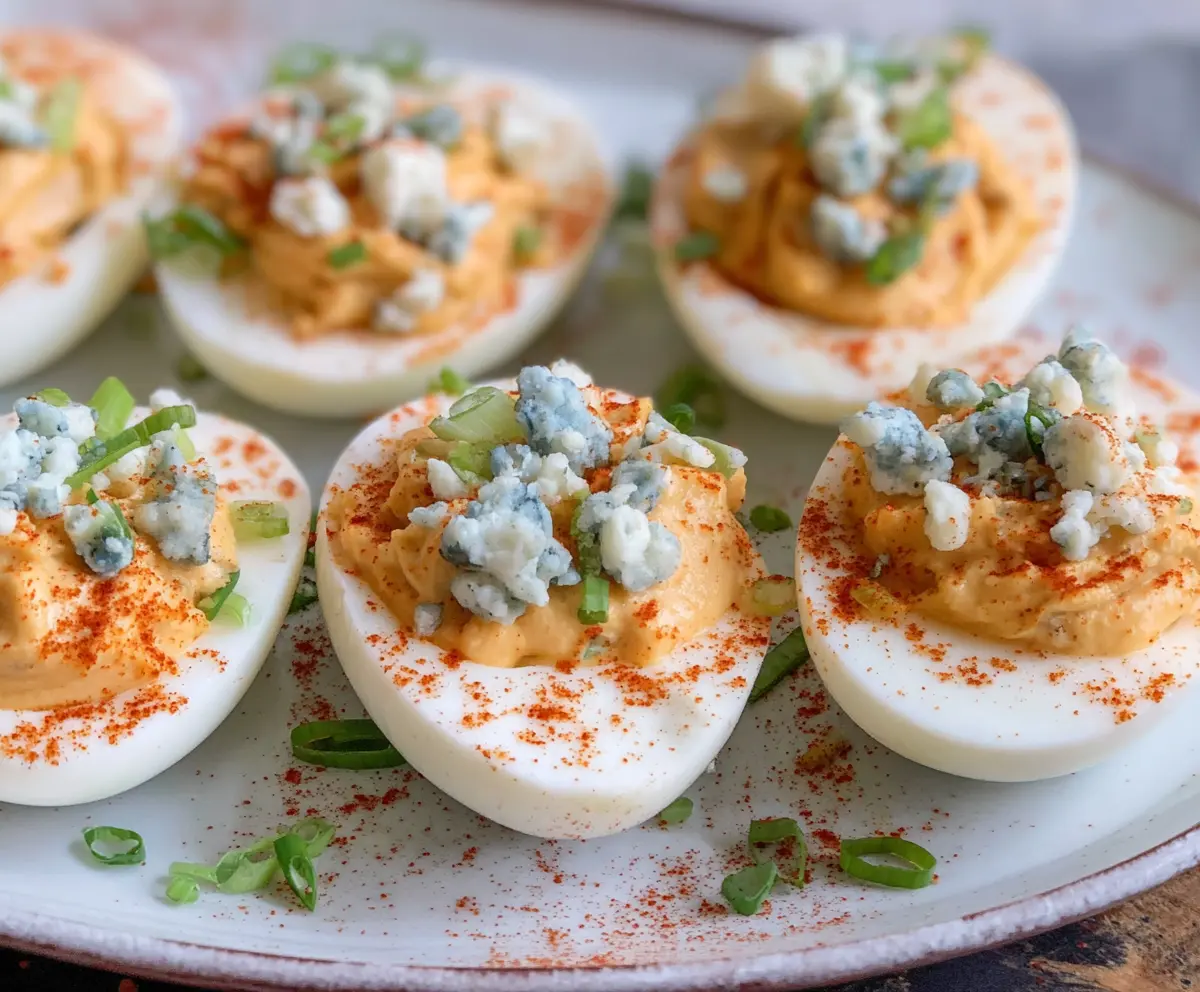 Buffalo Blue Cheese Deviled Eggs garnished with fresh herbs on a white plate