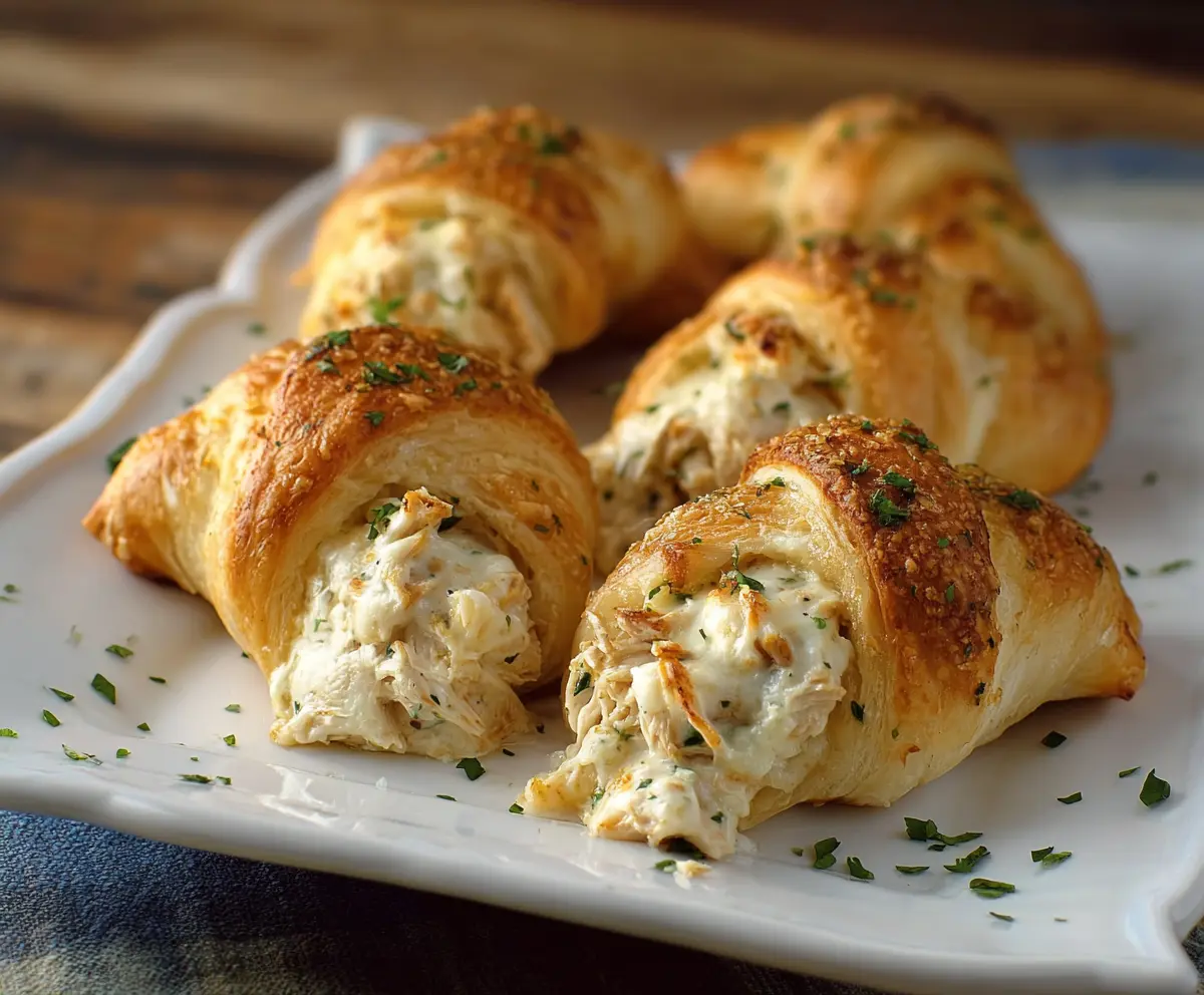 Delicious Chicken Alfredo Stuffed Crescents with creamy sauce and golden crust.
