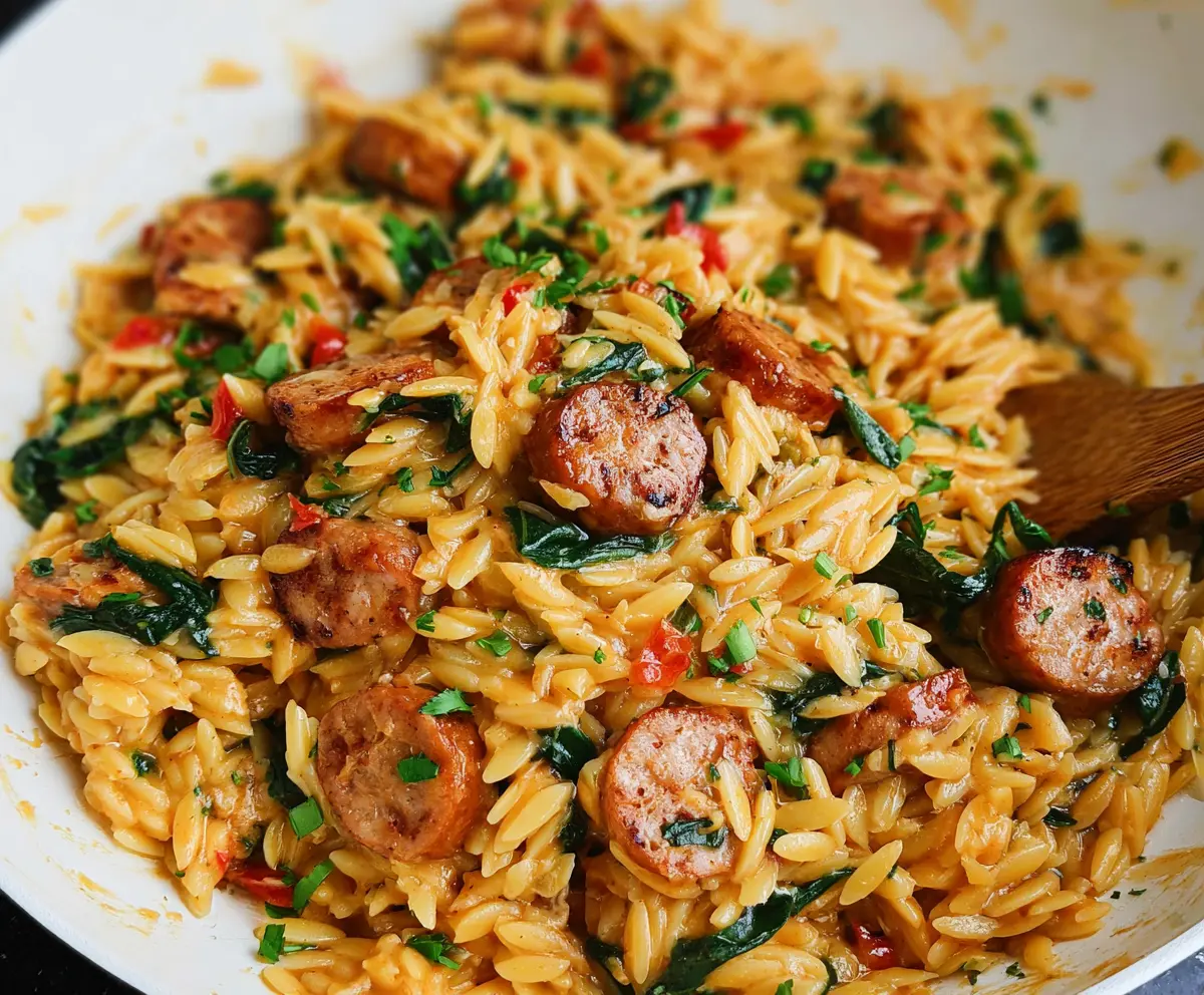 Delicious chicken sausage orzo pasta dish with herbs and vegetables