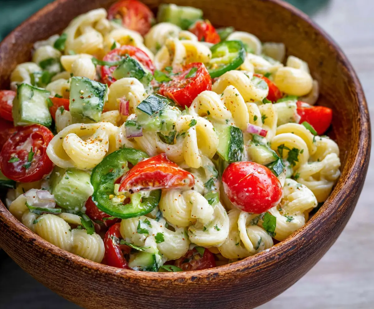 Refreshing cilantro lime pasta salad with fresh herbs and zesty dressing on a colorful plate.