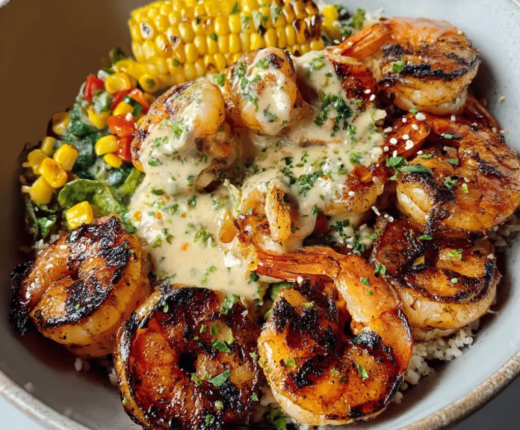 Grilled Shrimp Bowl Recipe with Creamy Garlic Sauce and Seafood Dishes