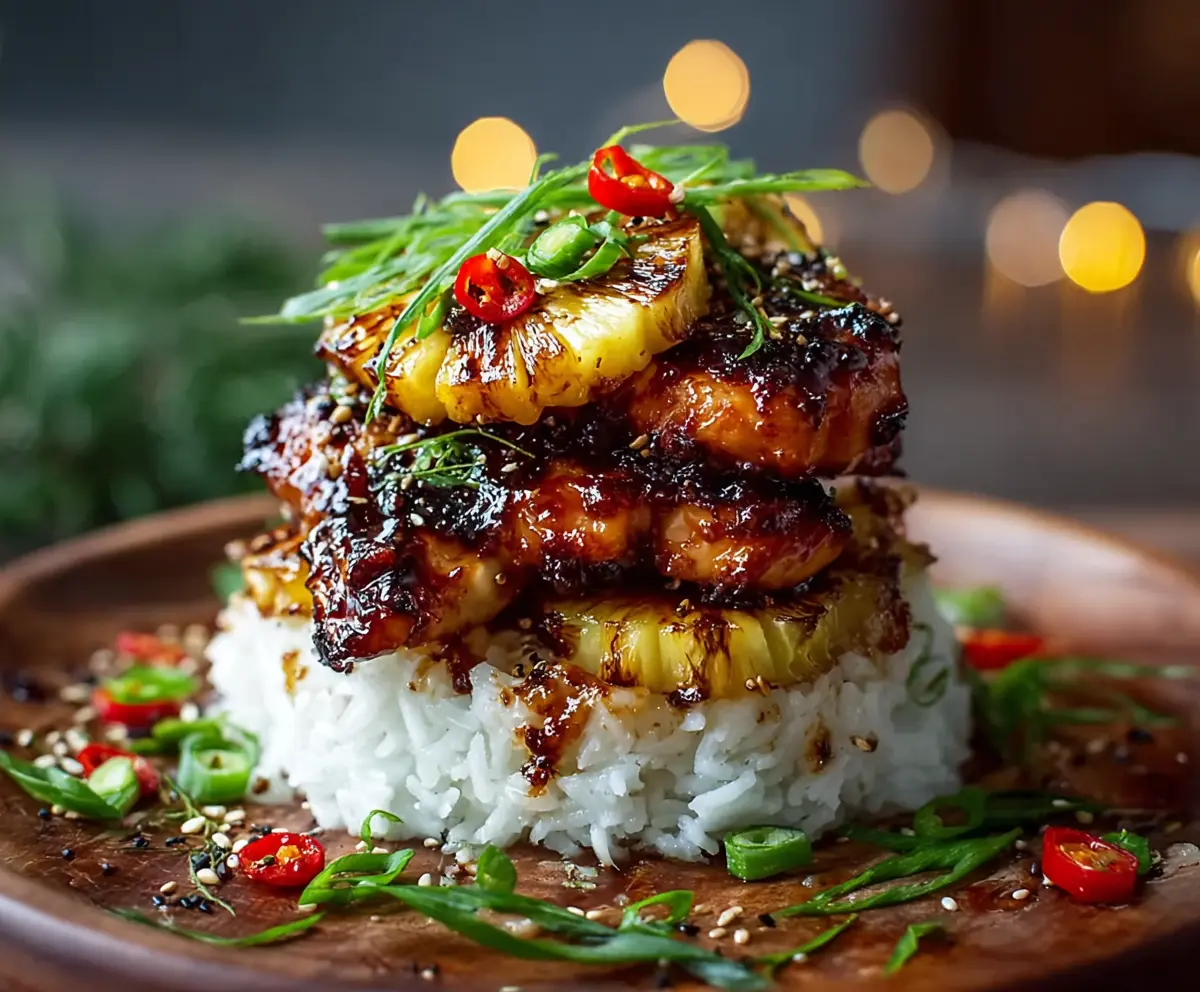 Delicious Hawaiian Huli Huli Chicken Stack with grilled chicken, fresh vegetables, and tropical fruits.