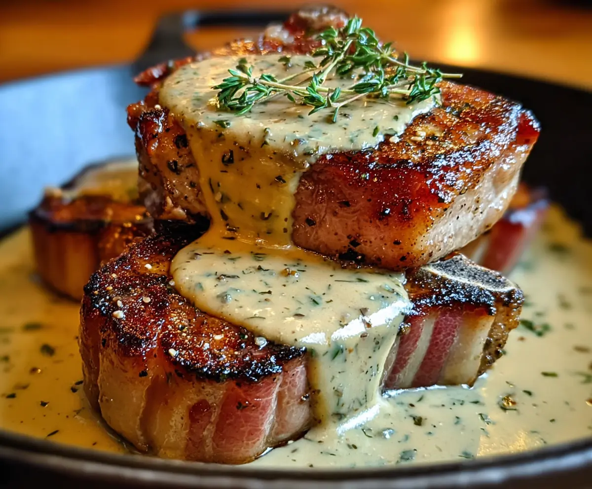Maple Bacon Pork Chops with Creamy Dijon Sauce