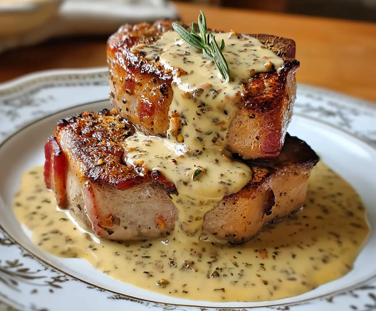 Juicy Maple Bacon Pork Chops served with a creamy Dijon mustard sauce on a rustic plate.