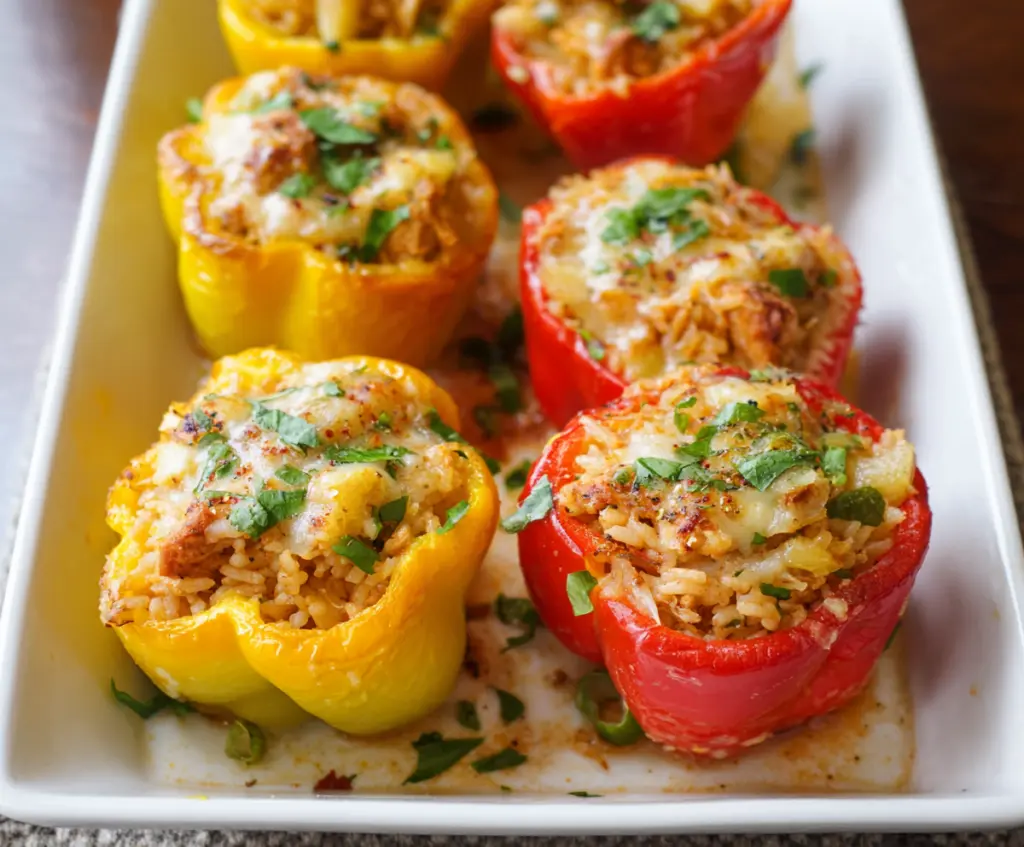 Savory Teriyaki Pineapple Chicken stuffed peppers served with rice, topped with fresh pineapple chunks and green onions.