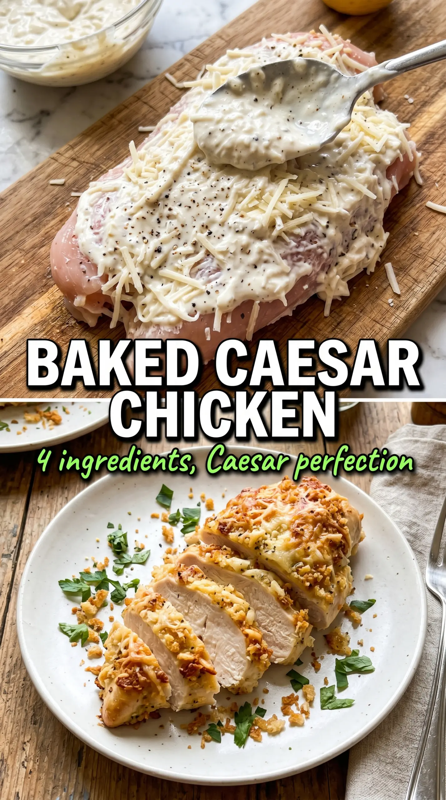 Baked Caesar Chicken golden Parmesan crust