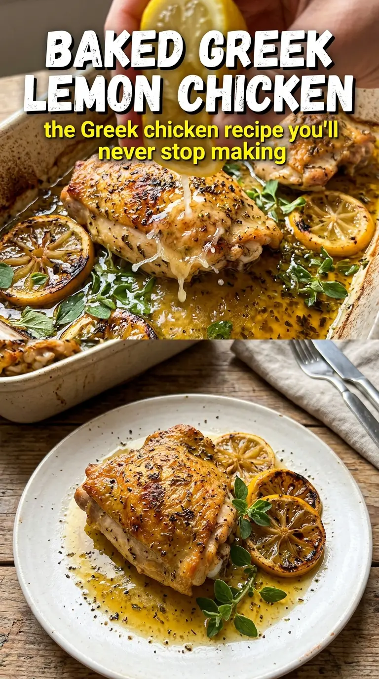 Baked Greek lemon chicken with caramelized lemon slices, roasted garlic, and golden chicken