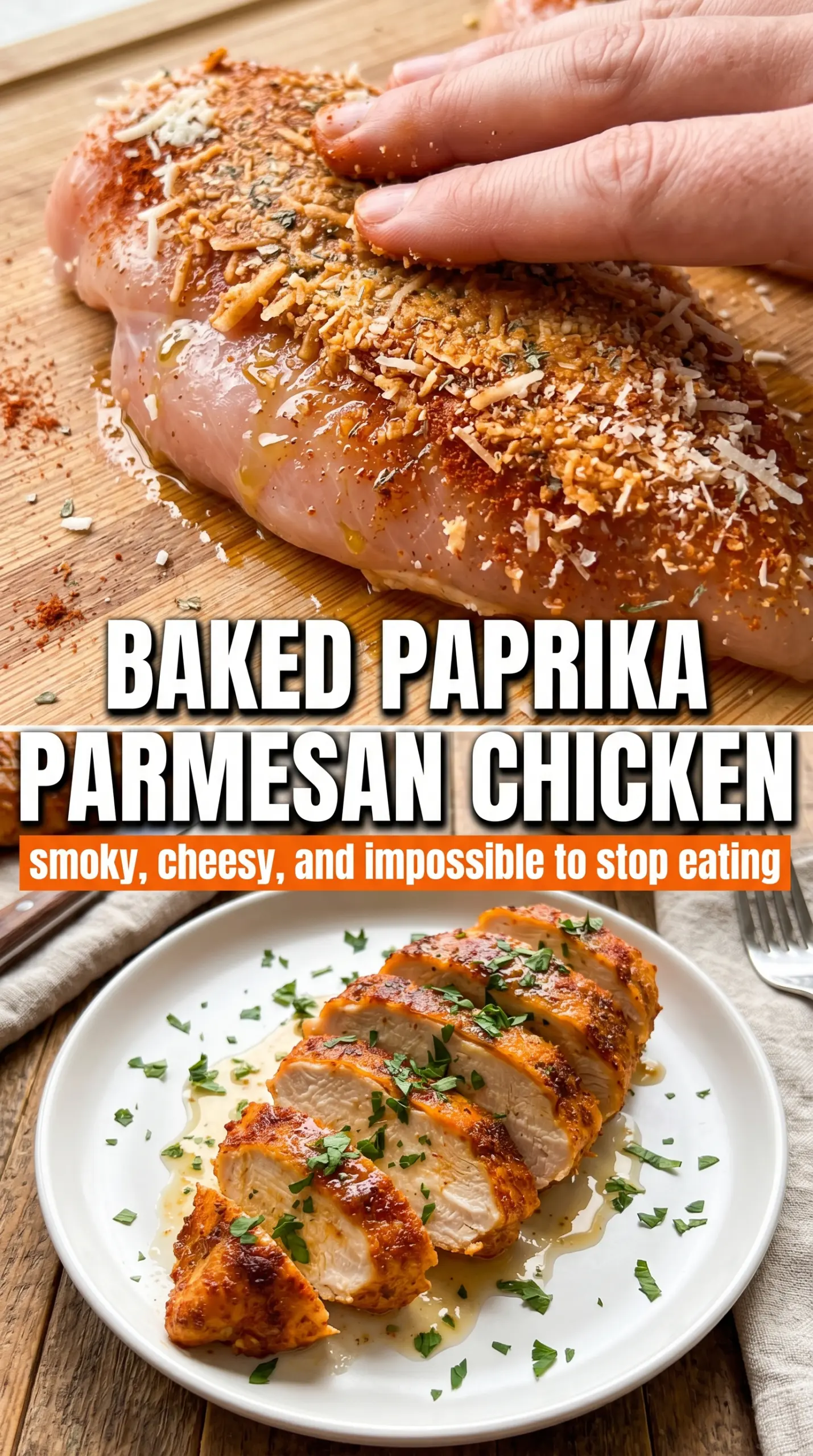 Baked Paprika Parmesan Chicken with crispy crust, smoked paprika, caramelized Parmesan