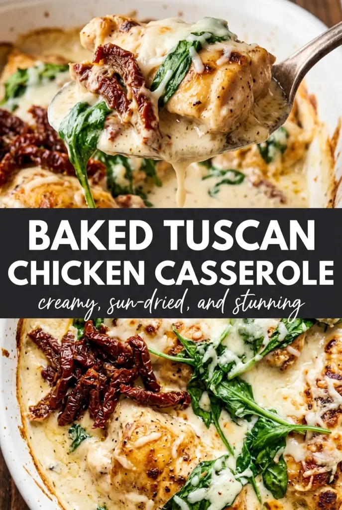 <p>Golden chicken thighs tucked into a creamy sun-dried tomato sauce is the kind of dinner that disappears fast and doesn’t leave much behind except a pan with a few browned edges worth scraping. The chicken stays juicy because it bakes in a sauce that’s already built on a good sear, and the spinach softens just enough to fold into the cream without turning the whole dish muddy. Every bite gets a little bit of salty Parmesan, sweet tomato, and herb-heavy sauce.</p><p>The part that makes this casserole work is the order. The chicken gets properly browned first, which gives the sauce a deeper base than you get from baking everything raw in one pan. Then the broth loosens the browned bits, the cream goes in after the pan cools slightly, and the Parmesan melts into a sauce that stays silky instead of grainy. If you’ve ever had a cream sauce split or turn flat in the oven, the fix is usually right there in the stovetop stage.</p><p>Below, I’ve included the little timing and substitution details that matter most, plus the one place people usually rush and end up with pale skin or a broken sauce. Once you’ve made it this way, it’s hard to go back to a thinner, less flavorful version.</p><div style="position:relative;background:#fffaf5;border:1px solid #f0e0cc;border-radius:8px;padding:28px 28px 20px 36px;margin:28px 0;box-shadow:0 2px 8px rgba(0,0,0,0.06);"><span style="position:absolute;top:12px;left:16px;font-size:52px;line-height:1;color:#e07b39;opacity:0.25;font-family:Georgia,serif;">&ldquo;</span><p style="margin:0 0 12px;font-style:italic;font-size:1.05em;color:#3a3a3a;line-height:1.65;">The chicken skin stayed crisp enough to stand up to the sauce, and the cream thickened right in the oven without getting greasy. I loved how the sun-dried tomatoes and spinach balanced each other.</p><div style="display:flex;align-items:center;gap:10px;"><span style="color:#e07b39;font-size:0.95em;letter-spacing:1px;">★★★★★</span><span style="font-size:0.88em;color:#999;">— Lauren M.</span></div></div><div style="background:#f9f0f5;border:1px solid #e8c8d8;padding:16px 20px;margin:28px 0;border-radius:8px;display:flex;align-items:center;gap:16px;flex-wrap:wrap;"><svg xmlns="http://www.w3.org/2000/svg" width="30" height="30" viewBox="0 0 24 24" fill="#e60023" style="flex-shrink:0;"><path d="M12 0C5.373 0 0 5.373 0 12c0 5.084 3.163 9.426 7.627 11.174-.105-.949-.2-2.405.042-3.441.218-.937 1.407-5.965 1.407-5.965s-.359-.719-.359-1.782c0-1.668.967-2.914 2.171-2.914 1.023 0 1.518.769 1.518 1.69 0 1.029-.655 2.568-.994 3.995-.283 1.194.599 2.169 1.777 2.169 2.133 0 3.772-2.249 3.772-5.495 0-2.873-2.064-4.882-5.012-4.882-3.414 0-5.418 2.561-5.418 5.207 0 1.031.397 2.138.893 2.738a.36.36 0 0 1 .083.345l-.333 1.36c-.053.22-.174.267-.402.161-1.499-.698-2.436-2.889-2.436-4.649 0-3.785 2.75-7.262 7.929-7.262 4.163 0 7.398 2.967 7.398 6.931 0 4.136-2.607 7.464-6.227 7.464-1.216 0-2.359-.632-2.75-1.378l-.748 2.853c-.271 1.043-1.002 2.35-1.492 3.146C9.57 23.812 10.763 24 12 24c6.627 0 12-5.373 12-12S18.627 0 12 0z"/></svg><p style="margin:0;font-size:0.95em;color:#555;flex:1;min-width:180px;">Like this creamy Tuscan chicken casserole? Save it to Pinterest for a one-pan dinner with crisp chicken, silky Parmesan sauce, and sun-dried tomatoes.</p><a id="pin-save-btn" href="#" style="background:#e60023;color:#fff;padding:9px 20px;border-radius:20px;text-decoration:none;font-size:0.88em;font-weight:700;white-space:nowrap;flex-shrink:0;letter-spacing:0.3px;">Save to Pinterest</a></div><script>(function(){var btn=document.getElementById('pin-save-btn');if(btn){btn.href='https://pinterest.com/pin/create/button/?url='+encodeURIComponent(window.location.href);btn.target='_blank';}})();</script><h2>The Part That Keeps the Sauce Silky After Baking</h2><p>The biggest mistake in a creamy chicken casserole is letting the sauce get too hot before the dairy goes in. A hard boil can make the cream look greasy and cause the Parmesan to clump instead of melt cleanly. Here, the broth goes in first to loosen the browned bits, then the cream and cheese are stirred in off the hottest part of the burner so the sauce stays smooth.</p><p>Bone-in, skin-on thighs matter here because they bring both flavor and insurance. The meat stays tender through the oven time, and the skin helps protect the chicken while still browning well in the skillet. If you swap in boneless thighs, cut the bake time down and watch the sauce closely; they cook faster and can dry out if you treat them like bone-in pieces.</p><ul><li><strong>Sun-dried tomatoes in oil</strong> — The oil-packed kind give you a softer, richer tomato flavor and a little built-in fat for the sauce. Drain them, then slice them so they disperse evenly instead of clumping in one salty bite.</li><li><strong>Parmesan</strong> — Freshly grated Parmesan melts into the sauce much better than the shelf-stable shaker style. Pre-grated cheese often has anti-caking agents that can make the sauce feel grainy.</li><li><strong>Heavy cream</strong> — This is what keeps the casserole stable in the oven. Half-and-half works in a pinch, but it won’t give you the same body, and the sauce will be thinner.</li><li><strong>Baby spinach</strong> — Add it at the end so it wilts without disappearing. Mature spinach has more stem and chew, so it’s not the best swap if you want the soft finish this dish is known for.</li></ul><h2>What Each Ingredient Is Actually Doing in This Baked Chicken</h2><figure style="margin:32px 0;"><img src="[IMAGE_URL]" alt="Baked chicken breasts with sauce and herbs" data-pin-media="[IMAGE_URL]" style="width:100%;height:auto;display:block;border-radius:8px;" loading="lazy"/></figure><ul><li><strong>Chicken breasts (the lean protein)</strong> — Cut evenly so pieces cook at the same rate. Let them sit at room temperature for 15 minutes before baking so they cook evenly.</li><li><strong>Olive oil or butter (the cooking medium and richness)</strong> — Good fat keeps the chicken from drying out in the oven. It also carries herb and spice flavors throughout the meat.</li><li><strong>Garlic (the aromatic foundation)</strong> — Fresh minced or thin slices mellow and become sweet when baked, adding depth without overpowering the chicken.</li><li><strong>Cream or broth (the sauce base)</strong> — This creates the glossy sauce that keeps baked chicken from tasting dry. It also helps flavors develop and carry.</li><li><strong>Lemon juice or vinegar (the brightness)</strong> — Acid prevents the cream sauce from tasting too heavy and keeps the dish from being one-dimensional.</li><li><strong>Fresh herbs or spices (the personality)</strong> — Basil, thyme, oregano, paprika, or Italian seasoning all work. Choose ones that complement your other flavors.</li><li><strong>Cheese (optional richness)</strong> — Parmesan or feta adds creaminess and salt that enhances all other flavors. Don’t overdo it or the dish becomes heavy.</li><li><strong>Proper oven temperature (the key to juicy chicken)</strong> — 375-400°F bakes chicken through without drying the edges. Check with a thermometer for 165°F internal temp.</li></ul><h2>Building the Casserole Without Losing the Crispy Skin</h2><h3>Searing the Chicken First</h3><p>Season the thighs well, then lay them skin-side down in hot oil and leave them alone long enough to build a deep golden crust. If the pan is crowded or the heat is too low, the skin steams instead of browns and you lose the best part of the dish. Flip them once the skin releases easily; if it sticks, it needs another minute.</p><h3>Pulling Flavor From the Pan</h3><p>After the chicken comes out, the garlic and sun-dried tomatoes go into the same pan for a short cook. You’re looking for the garlic to smell fragrant, not brown, because burnt garlic turns bitter fast. The broth should hit the pan and sizzle as it lifts the browned bits from the bottom.</p><h3>Finishing in the Oven</h3><p>Once the cream, Parmesan, and seasonings are in, return the chicken skin-side up so it stays exposed and can hold onto some of that texture. Bake uncovered until the chicken reaches 165°F and the sauce is bubbling around the edges. If the sauce looks a little loose at first, it will tighten as it rests for a few minutes after baking.</p><h3>Wilting the Spinach at the End</h3><p>Stir the spinach into the hot sauce after the casserole comes out of the oven. It only needs a minute or two to collapse, and adding it earlier can leave it dull and overcooked. Fresh basil goes on last for a brighter finish that keeps the whole dish from tasting heavy.</p><h2>How to Adapt This Baked Tuscan Chicken Casserole Without Losing What Makes It Good</h2><div style="margin:28px 0;display:flex;flex-direction:column;gap:12px;"><div style="background:#fafafa;border-radius:8px;padding:20px 24px;border:1px solid #e8e8e8;"><h3 style="margin:0 0 10px;font-size:1em;color:#2a2a2a;">Boneless Thighs for Faster Dinner</h3><p style="margin:0;font-size:0.95em;color:#555;line-height:1.7;">Use boneless, skinless thighs if you want a shorter cook, but brown them briefly and reduce the oven time so they stay juicy. You’ll lose the crisp skin, but the sauce still gives you plenty of richness and the meat stays tender.</p></div><div style="background:#fafafa;border-radius:8px;padding:20px 24px;border:1px solid #e8e8e8;"><h3 style="margin:0 0 10px;font-size:1em;color:#2a2a2a;">Dairy-Free Version</h3><p style="margin:0;font-size:0.95em;color:#555;line-height:1.7;">Swap the cream for full-fat canned coconut milk and use a dairy-free Parmesan alternative or leave the cheese out entirely. The sauce will be a little sweeter and less sharp, but it still turns silky enough to coat the chicken and spinach.</p></div><div style="background:#fafafa;border-radius:8px;padding:20px 24px;border:1px solid #e8e8e8;"><h3 style="margin:0 0 10px;font-size:1em;color:#2a2a2a;">Gluten-Free as Written</h3><p style="margin:0;font-size:0.95em;color:#555;line-height:1.7;">This casserole is naturally gluten-free as long as your broth and Parmesan are gluten-free brands. That’s one of the nice things about a sauce built from scratch instead of a packet.</p></div><div style="background:#fafafa;border-radius:8px;padding:20px 24px;border:1px solid #e8e8e8;"><h3 style="margin:0 0 10px;font-size:1em;color:#2a2a2a;">Milder Heat for Kids or Heat-Sensitive Eaters</h3><p style="margin:0;font-size:0.95em;color:#555;line-height:1.7;">Cut the red pepper flakes in half or leave them out. The dish will still have plenty of flavor from the garlic, Parmesan, and sun-dried tomatoes, just without the slow burn at the back of the throat.</p></div><div style="background:#fafafa;border-radius:8px;padding:20px 24px;border:1px solid #e8e8e8;"><h3 style="margin:0 0 10px;font-size:1em;color:#2a2a2a;">Storage and Reheating</h3><ul style="margin:0;padding-left:18px;font-size:0.95em;color:#555;line-height:1.8;"><li><strong>Refrigerator:</strong> Store leftovers in an airtight container for up to 4 days. The sauce thickens as it chills, and the chicken skin softens, which is normal.</li><li><strong>Freezer:</strong> It freezes, but the cream sauce may separate a little after thawing. For the best result, freeze the chicken and sauce together in a tightly sealed container for up to 2 months and whisk the sauce gently while reheating.</li><li><strong>Reheating:</strong> Warm it covered in a 325°F oven until hot, or reheat gently on the stove over low heat with a splash of broth. High heat is what breaks the sauce and makes the chicken tough.</li></ul></div></div><h2>Answers to the Questions Worth Asking</h2><div style="margin:28px 0;display:flex;flex-direction:column;gap:8px;"><details style="background:#fafafa;border:1px solid #e8e8e8;border-radius:8px;overflow:hidden;" itemscope itemprop="mainEntity" itemtype="https://schema.org/Question"><summary itemprop="name" style="padding:16px 20px;cursor:pointer;font-weight:600;font-size:0.97em;color:#2a2a2a;list-style:none;display:flex;justify-content:space-between;align-items:center;">Can I use boneless chicken thighs instead of bone-in?<span style="font-size:1.1em;color:#aaaaaa;flex-shrink:0;margin-left:12px;">+</span></summary><div itemscope itemprop="acceptedAnswer" itemtype="https://schema.org/Answer"><p itemprop="text" style="margin:0;padding:0 20px 18px;font-size:0.95em;color:#555;line-height:1.7;">Yes, and they’ll cook faster. Brown them the same way, then start checking a little earlier in the oven because boneless thighs can go from juicy to dry faster than bone-in pieces. You’ll still get a rich sauce, just with less built-in protection from the bone.</p></div></details><details style="background:#fafafa;border:1px solid #e8e8e8;border-radius:8px;overflow:hidden;" itemscope itemprop="mainEntity" itemtype="https://schema.org/Question"><summary itemprop="name" style="padding:16px 20px;cursor:pointer;font-weight:600;font-size:0.97em;color:#2a2a2a;list-style:none;display:flex;justify-content:space-between;align-items:center;">How do I keep the Parmesan sauce from getting grainy?<span style="font-size:1.1em;color:#aaaaaa;flex-shrink:0;margin-left:12px;">+</span></summary><div itemscope itemprop="acceptedAnswer" itemtype="https://schema.org/Answer"><p itemprop="text" style="margin:0;padding:0 20px 18px;font-size:0.95em;color:#555;line-height:1.7;">Keep the heat moderate and add the cheese after the broth and cream are already combined. Parmesan can seize if it hits a pan that’s too hot, which is what gives you that sandy texture. Freshly grated cheese melts much more smoothly than pre-shredded cheese.</p></div></details><details style="background:#fafafa;border:1px solid #e8e8e8;border-radius:8px;overflow:hidden;" itemscope itemprop="mainEntity" itemtype="https://schema.org/Question"><summary itemprop="name" style="padding:16px 20px;cursor:pointer;font-weight:600;font-size:0.97em;color:#2a2a2a;list-style:none;display:flex;justify-content:space-between;align-items:center;">Can I make this baked Tuscan chicken casserole ahead of time?<span style="font-size:1.1em;color:#aaaaaa;flex-shrink:0;margin-left:12px;">+</span></summary><div itemscope itemprop="acceptedAnswer" itemtype="https://schema.org/Answer"><p itemprop="text" style="margin:0;padding:0 20px 18px;font-size:0.95em;color:#555;line-height:1.7;">You can sear the chicken and build the sauce a few hours ahead, then combine and bake it when you’re ready. I wouldn’t assemble it too far in advance because the skin softens in the sauce. If you need to prep earlier, keep the chicken and sauce separate until baking time.</p></div></details><details style="background:#fafafa;border:1px solid #e8e8e8;border-radius:8px;overflow:hidden;" itemscope itemprop="mainEntity" itemtype="https://schema.org/Question"><summary itemprop="name" style="padding:16px 20px;cursor:pointer;font-weight:600;font-size:0.97em;color:#2a2a2a;list-style:none;display:flex;justify-content:space-between;align-items:center;">How do I know when the chicken is done without overcooking it?<span style="font-size:1.1em;color:#aaaaaa;flex-shrink:0;margin-left:12px;">+</span></summary><div itemscope itemprop="acceptedAnswer" itemtype="https://schema.org/Answer"><p itemprop="text" style="margin:0;padding:0 20px 18px;font-size:0.95em;color:#555;line-height:1.7;">Use an instant-read thermometer and pull it when the thickest part hits 165°F. The meat will still be juicy, and the carryover heat from the hot sauce will finish the job. If you wait for the chicken to look completely dry, you’ve gone too far.</p></div></details><details style="background:#fafafa;border:1px solid #e8e8e8;border-radius:8px;overflow:hidden;" itemscope itemprop="mainEntity" itemtype="https://schema.org/Question"><summary itemprop="name" style="padding:16px 20px;cursor:pointer;font-weight:600;font-size:0.97em;color:#2a2a2a;list-style:none;display:flex;justify-content:space-between;align-items:center;">Can I use frozen spinach instead of fresh?<span style="font-size:1.1em;color:#aaaaaa;flex-shrink:0;margin-left:12px;">+</span></summary><div itemscope itemprop="acceptedAnswer" itemtype="https://schema.org/Answer"><p itemprop="text" style="margin:0;padding:0 20px 18px;font-size:0.95em;color:#555;line-height:1.7;">Yes, but thaw it first and squeeze out as much water as you can. Frozen spinach holds a lot of moisture, and if you add it straight in, the sauce gets thinner and the flavor gets washed out. Once it’s drained well, stir it in just long enough to heat through.</p></div></details></div><div id="recipe-card">[RECIPE_CARD_SHORTCODE]</div>