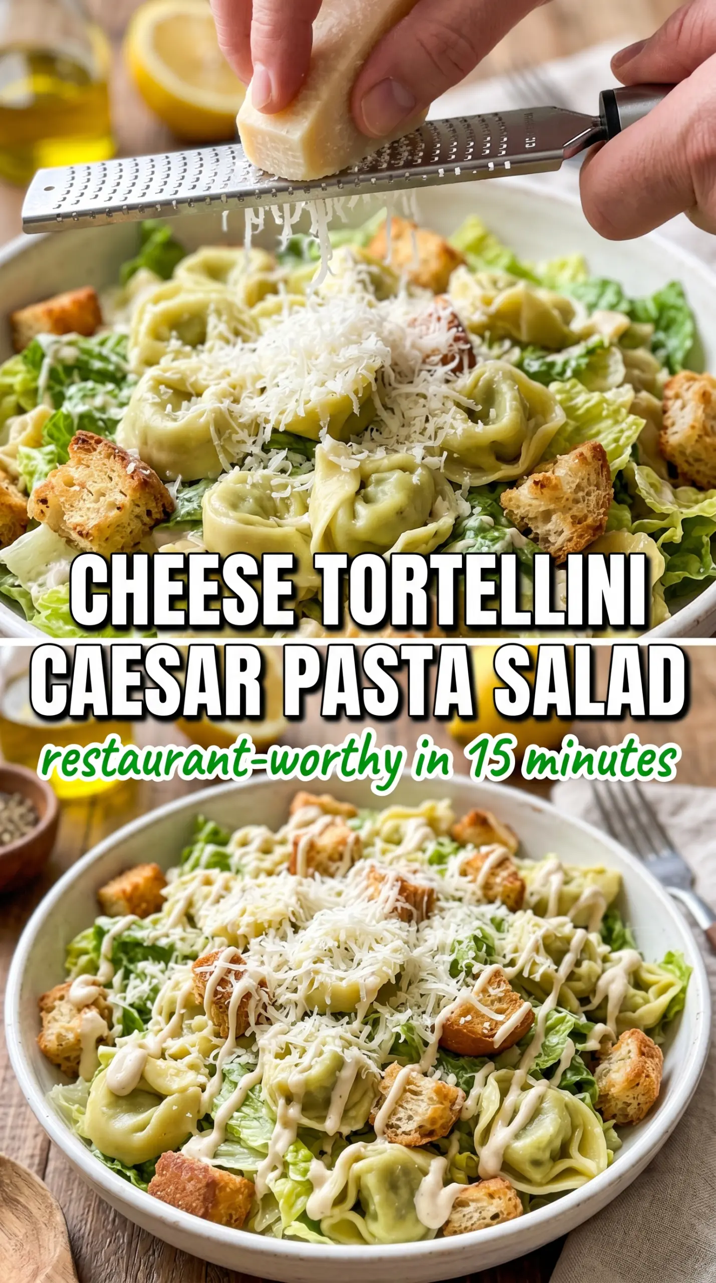 Cheese Tortellini Caesar Pasta Salad creamy crunchy parmesan