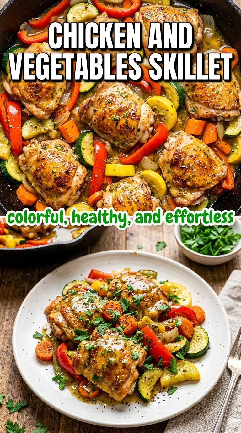 Chicken and Vegetables Skillet, golden seared, colorful vegetables
